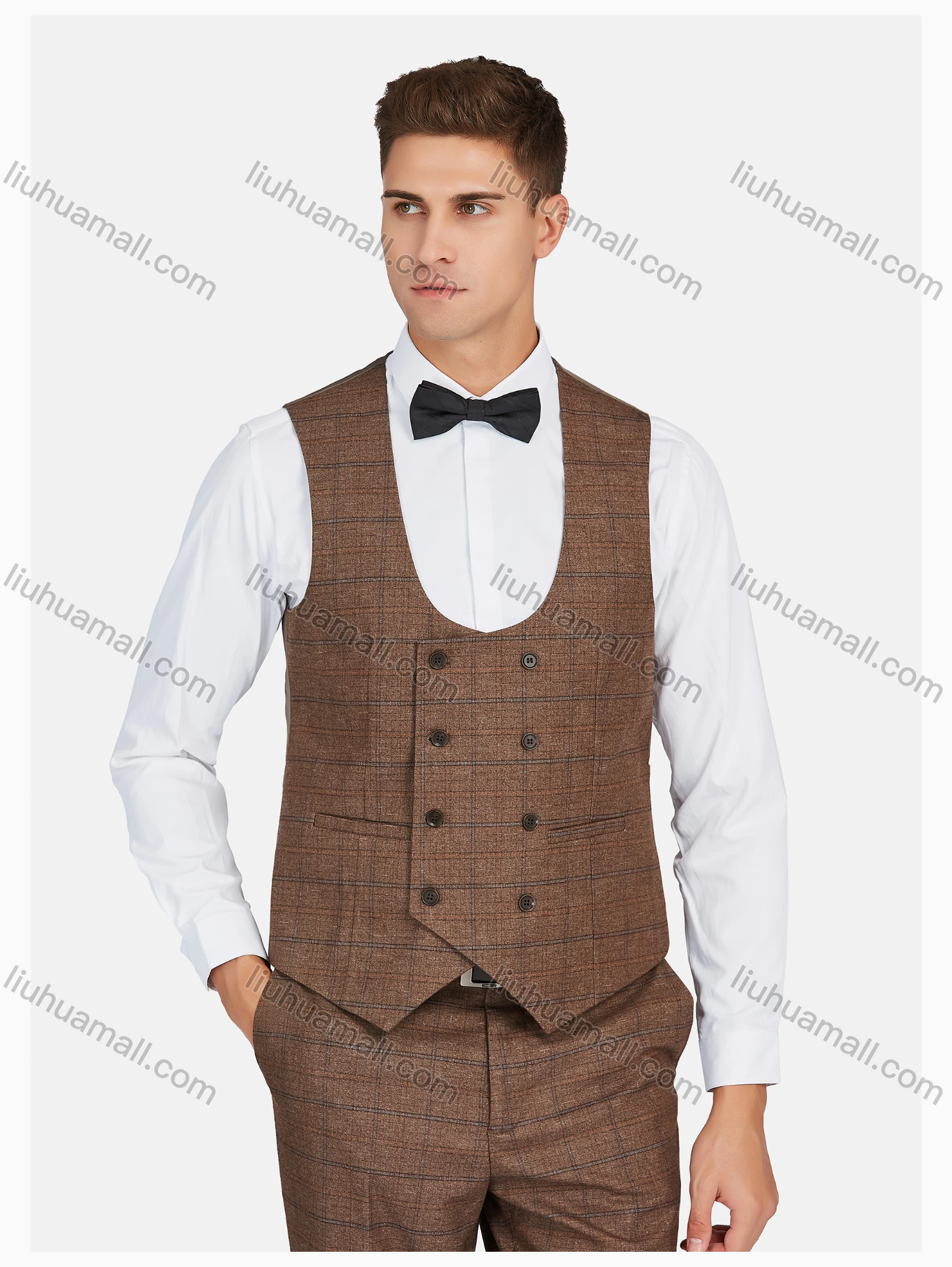 Wholesale Men's Formal Lapel Plaid Pockets Blazer & Double Breasted Vest & Pant 3 Pieces Suit Sets - Liuhuamall