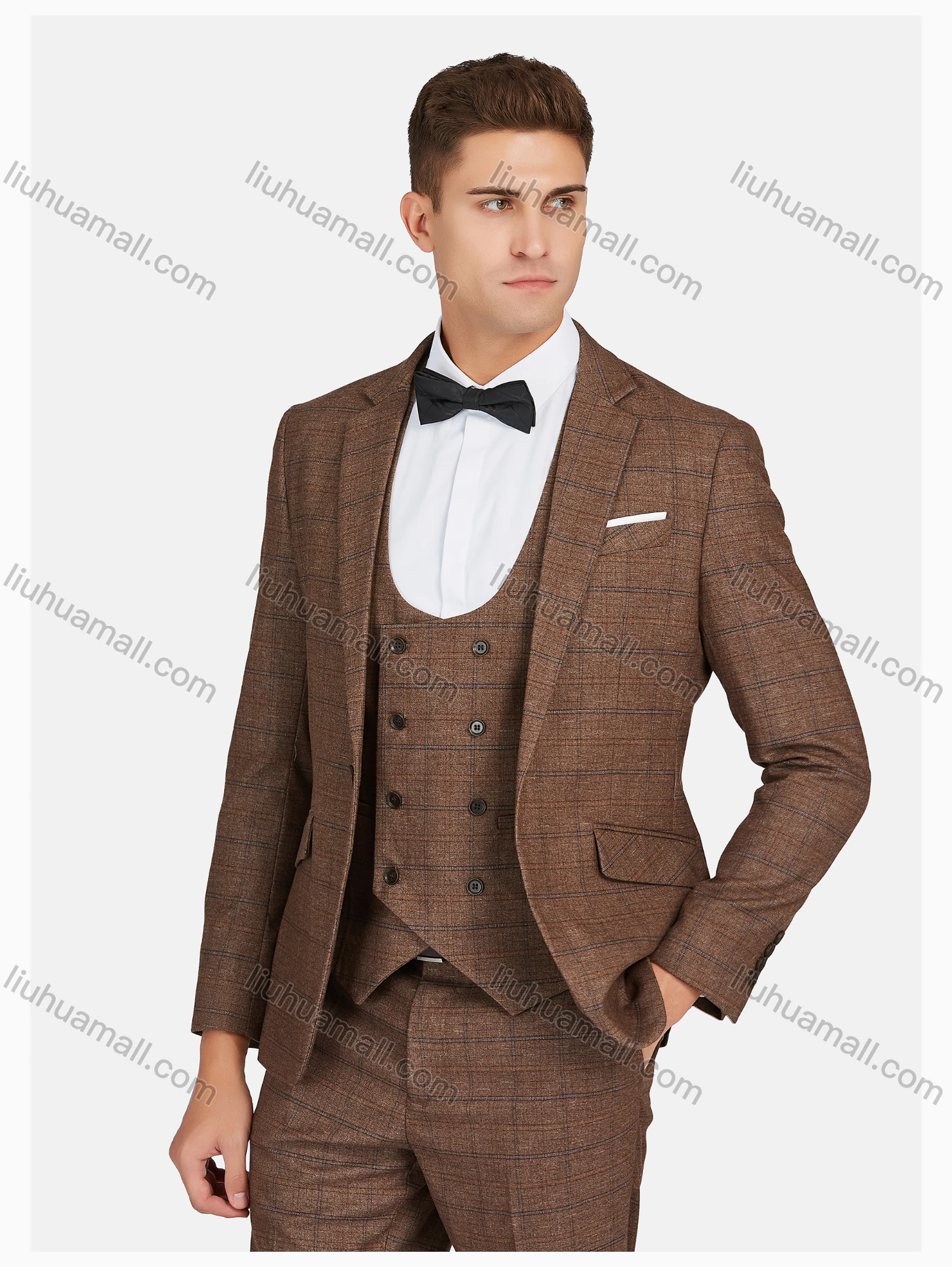 Wholesale Men's Formal Lapel Plaid Pockets Blazer & Double Breasted Vest & Pant 3 Pieces Suit Sets - Liuhuamall