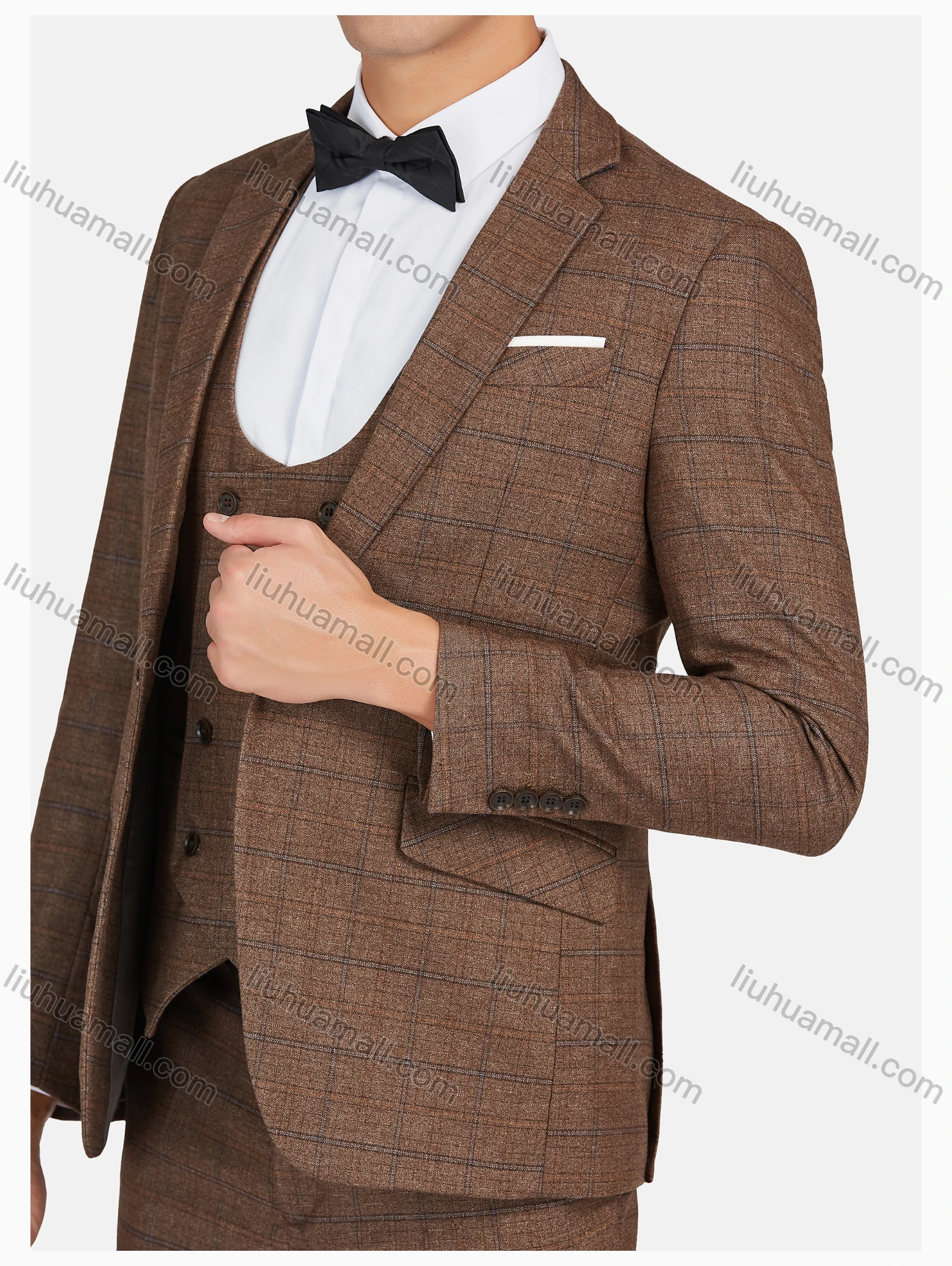 Wholesale Men's Formal Lapel Plaid Pockets Blazer & Double Breasted Vest & Pant 3 Pieces Suit Sets - Liuhuamall