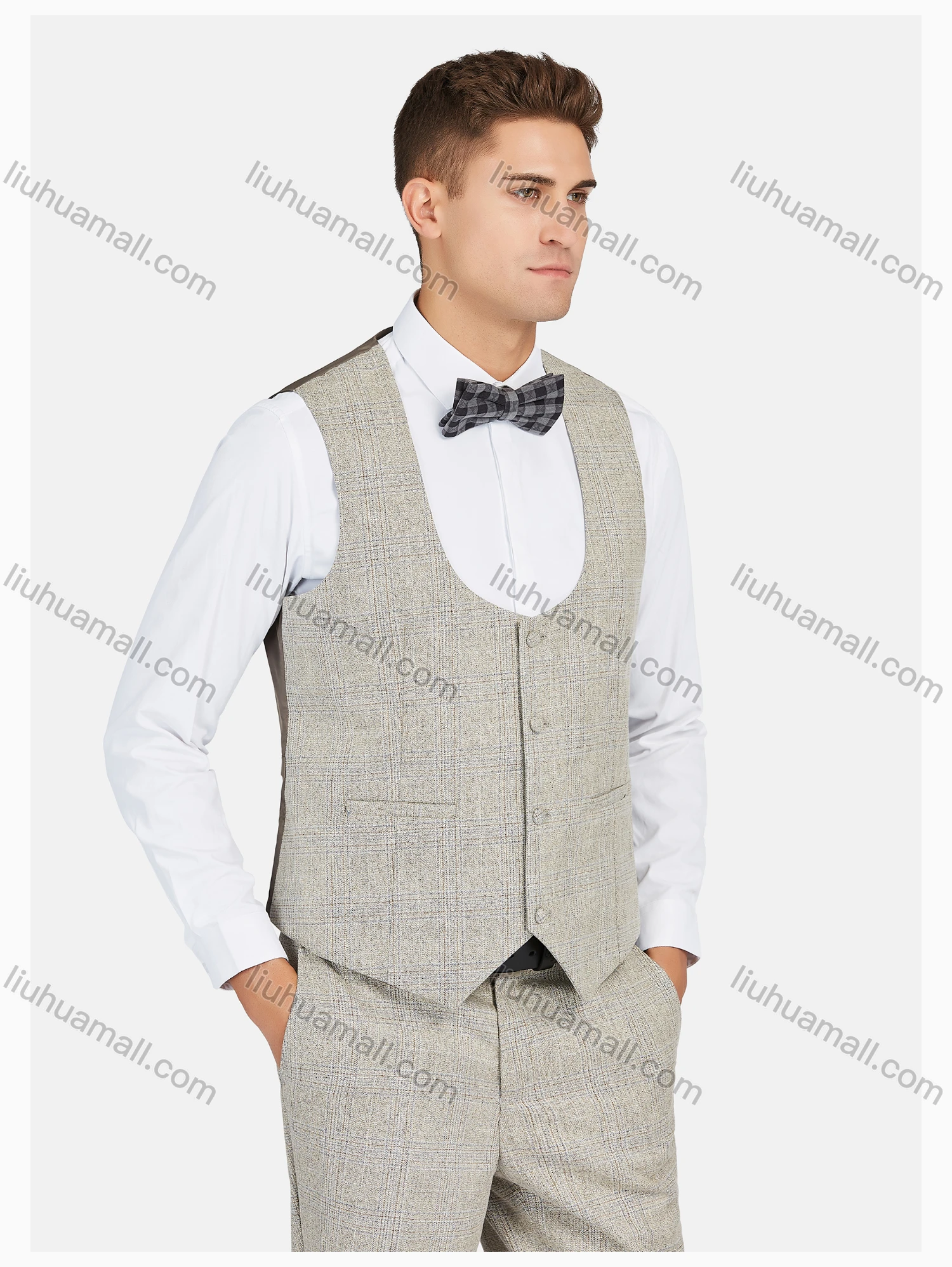 Wholesale Men's Formal Lapel Plaid Pockets Blazer & Vest & Pant 3 Pieces Suit Sets - Liuhuamall