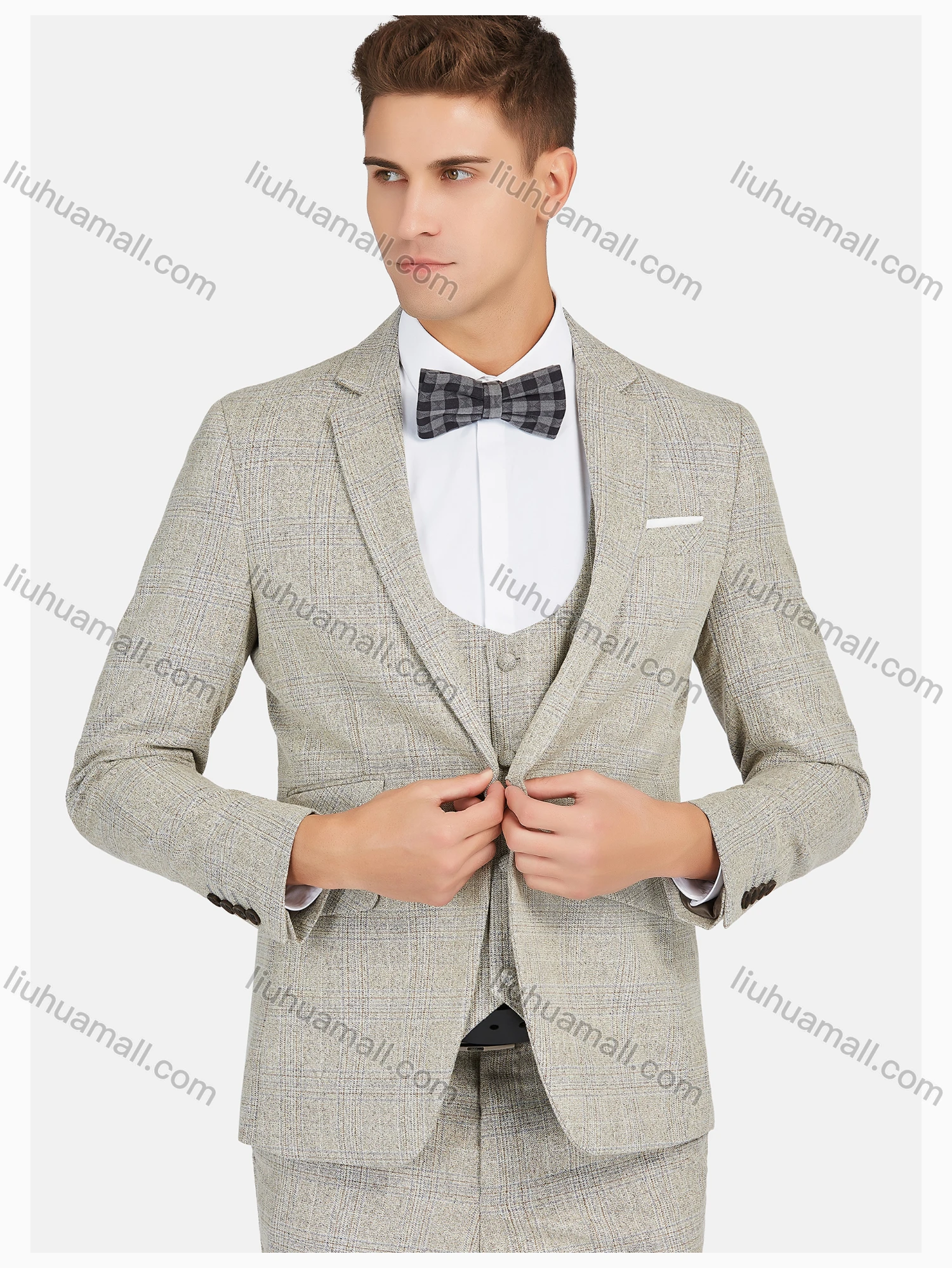 Wholesale Men's Formal Lapel Plaid Pockets Blazer & Vest & Pant 3 Pieces Suit Sets - Liuhuamall