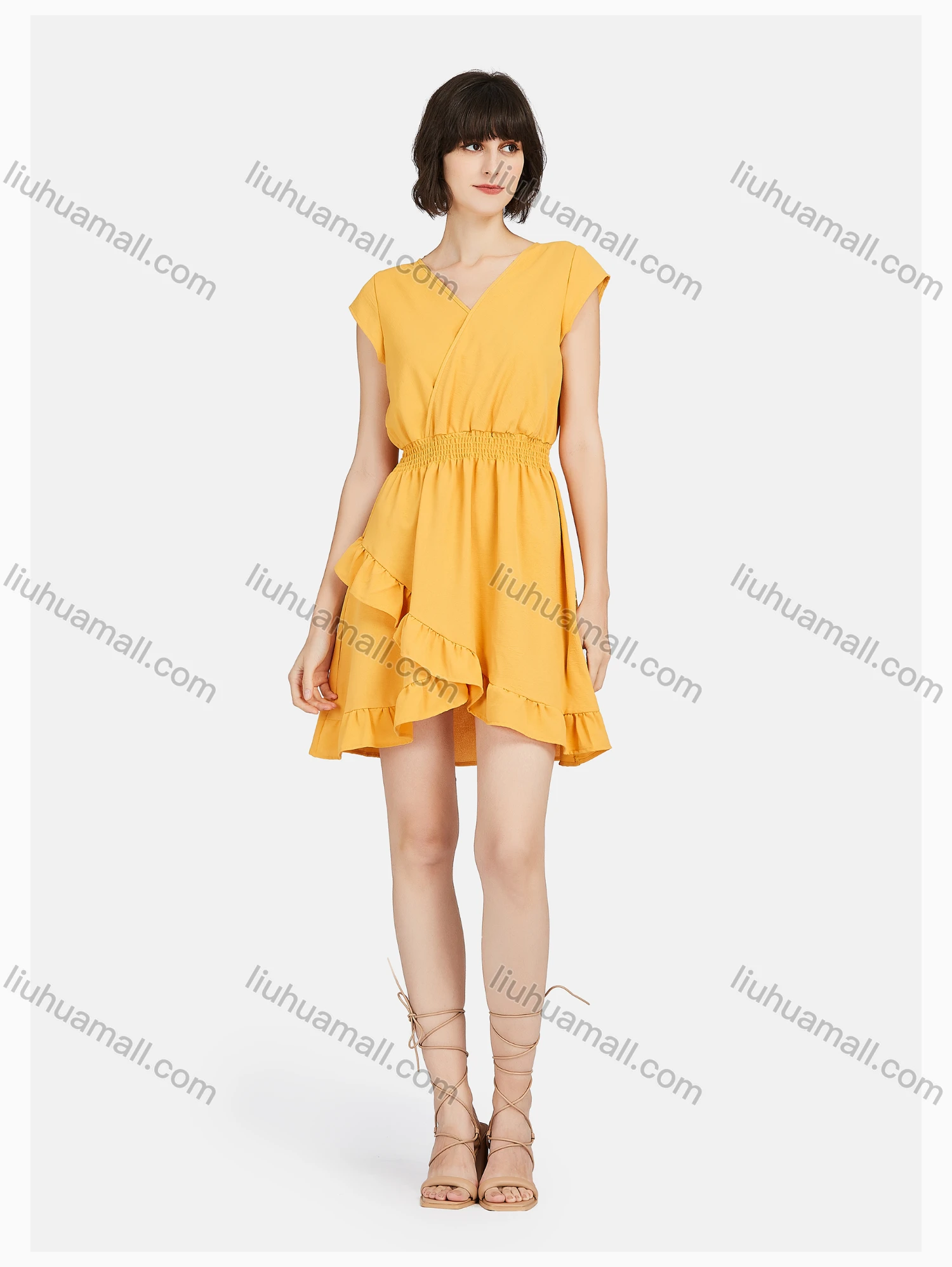 Wholesale Women's Casual Plain V Neck Ruffle Hem Wrap Dress - Liuhuamall