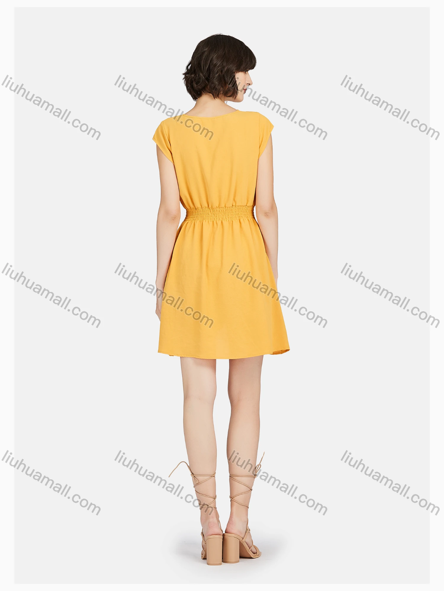 Wholesale Women's Casual Plain V Neck Ruffle Hem Wrap Dress - Liuhuamall