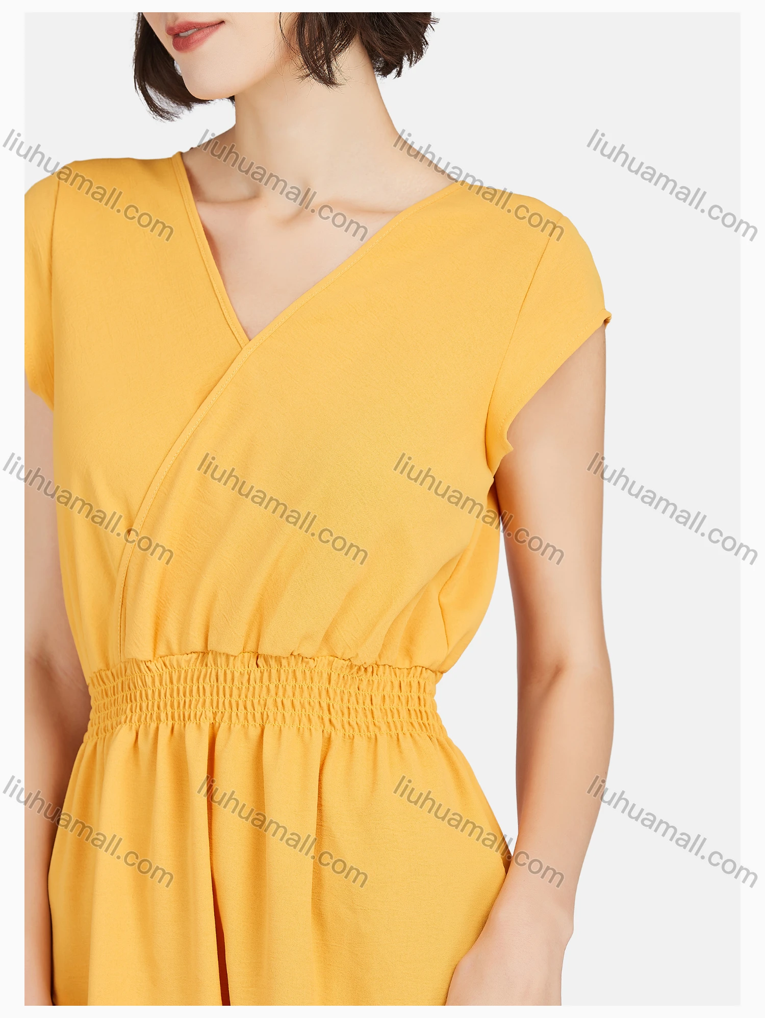 Wholesale Women's Casual Plain V Neck Ruffle Hem Wrap Dress - Liuhuamall