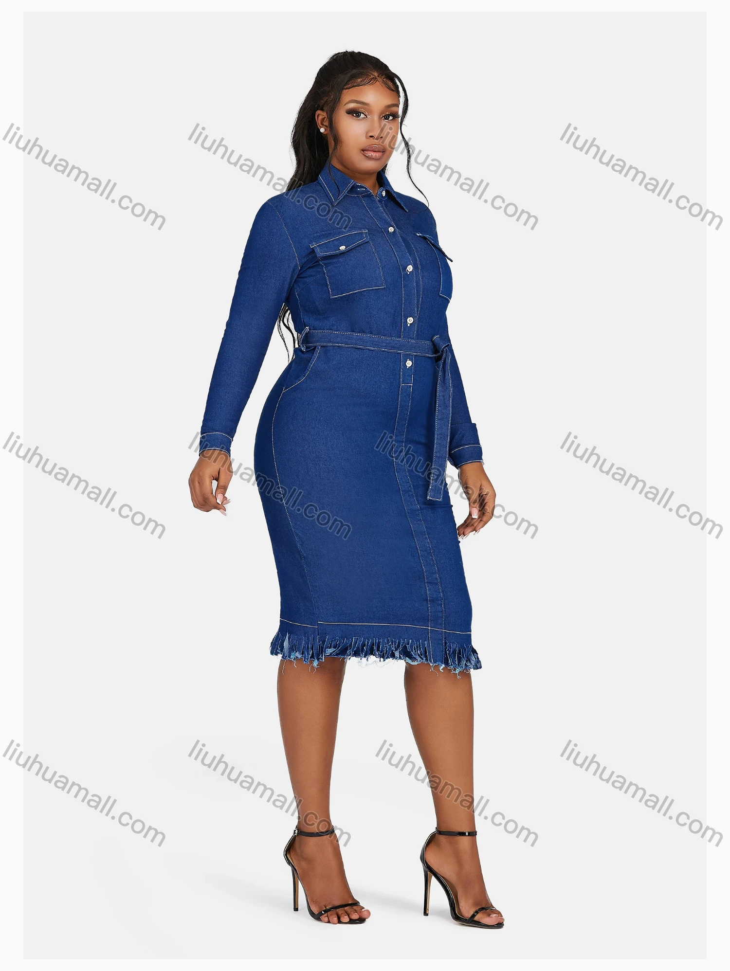Wholesale Women's Casual Shirt Collar Long Sleeve Frayed Raw Hem Shirt Dress With Belt - Liuhuamall