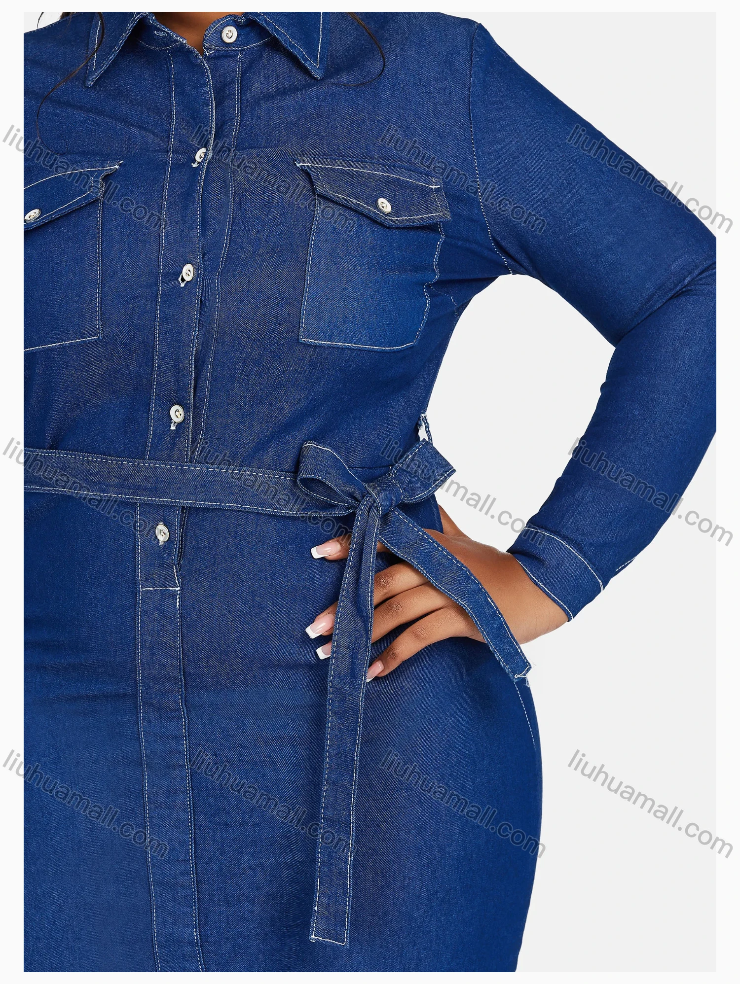 Wholesale Women's Casual Shirt Collar Long Sleeve Frayed Raw Hem Shirt Dress With Belt - Liuhuamall