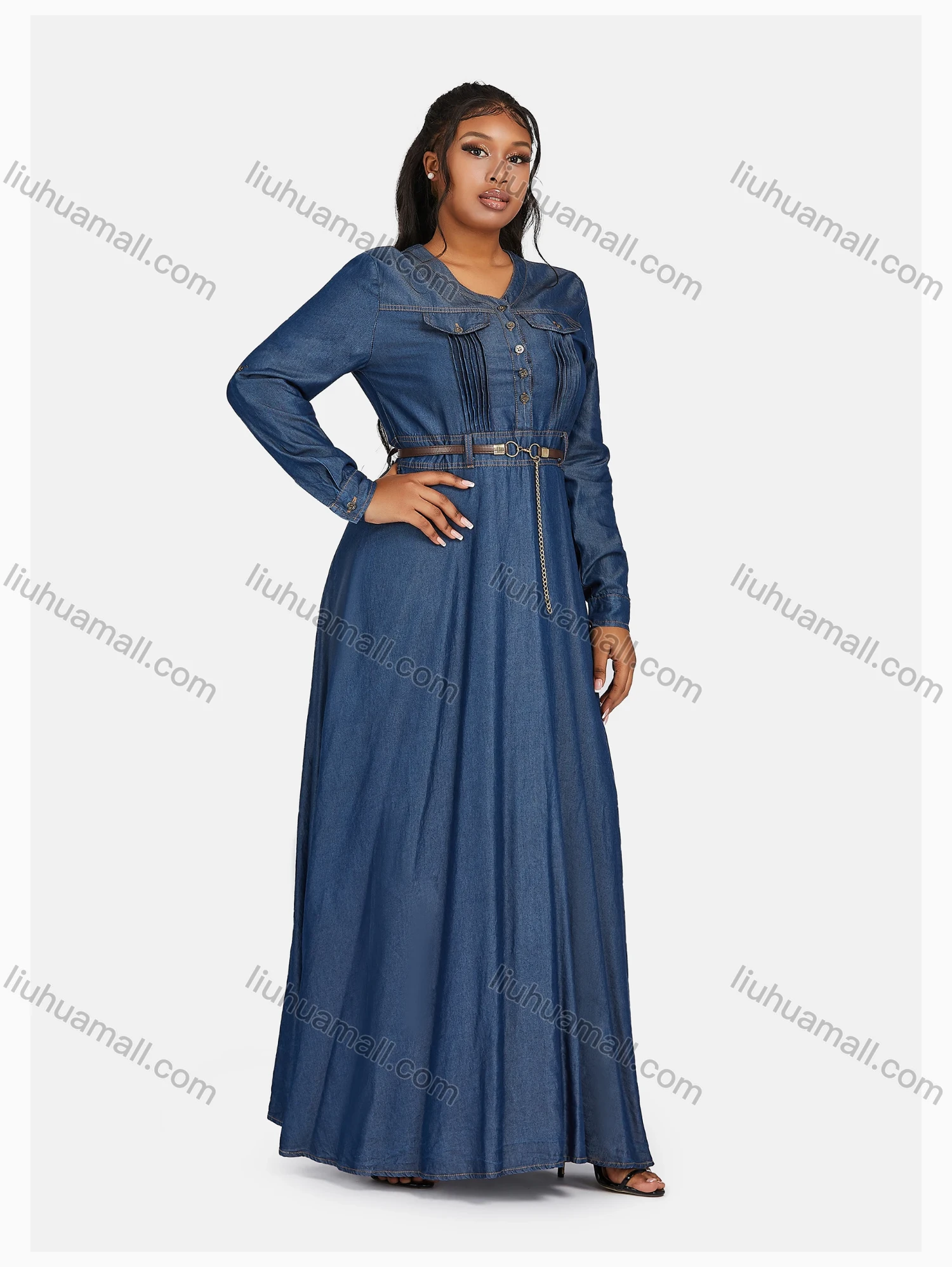 Wholesale Women's Casual Crew Neck Long Sleeve Flap Pockets Dress With Belt 1123# - Liuhuamall