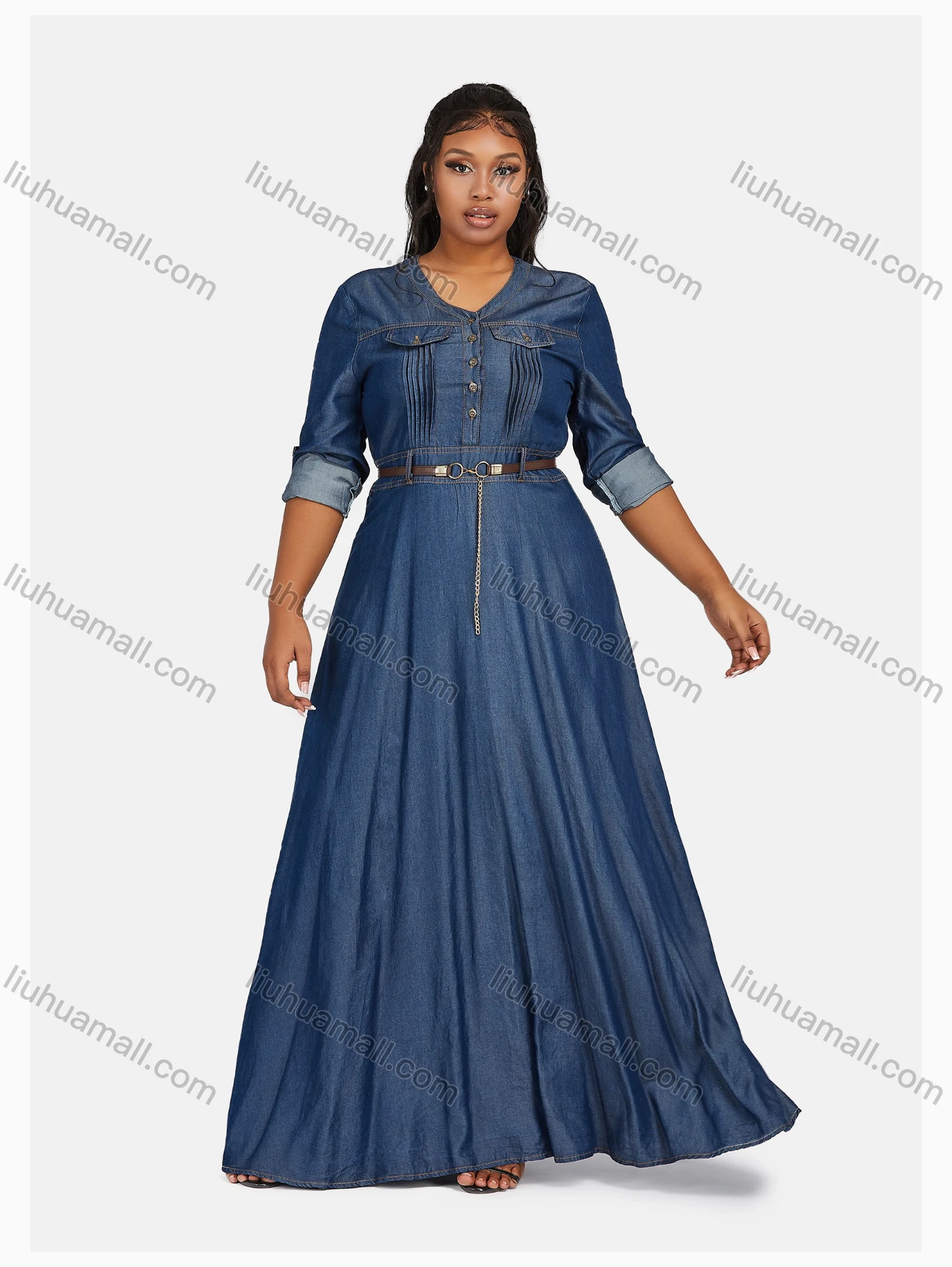 Wholesale Women's Casual Crew Neck Long Sleeve Flap Pockets Dress With Belt 1123# - Liuhuamall