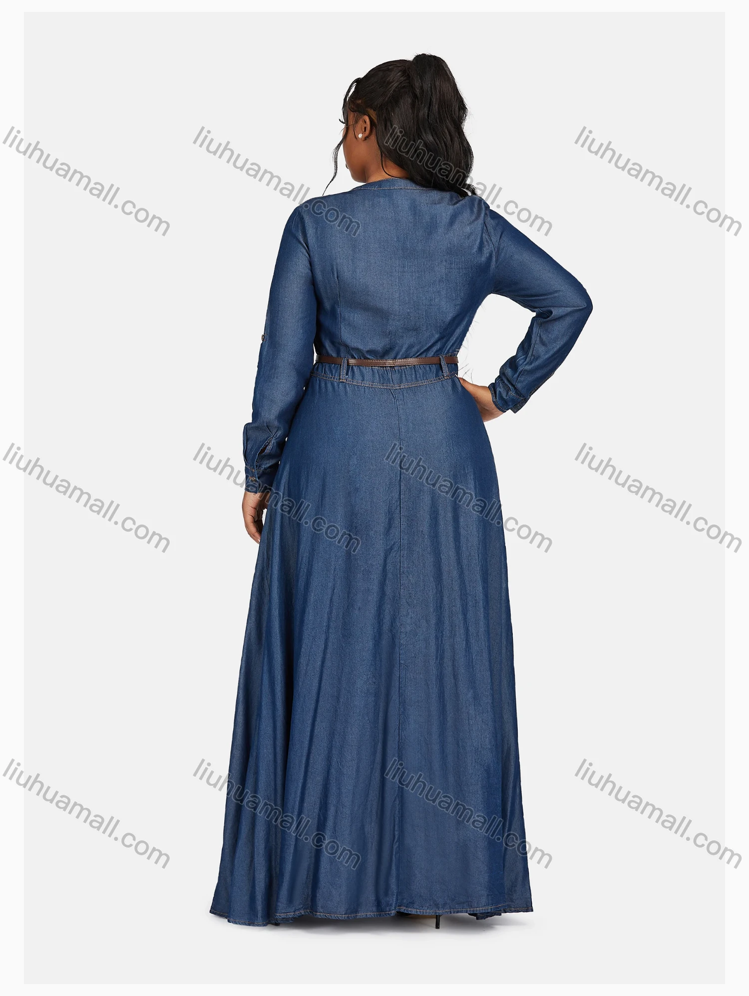 Wholesale Women's Casual Crew Neck Long Sleeve Flap Pockets Dress With Belt 1123# - Liuhuamall