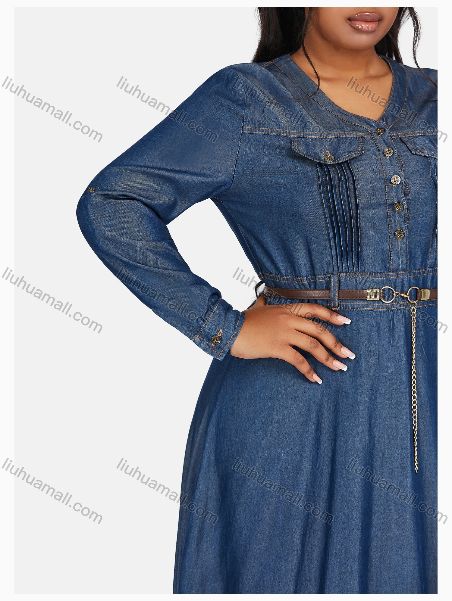 Wholesale Women's Casual Crew Neck Long Sleeve Flap Pockets Dress With Belt 1123# - Liuhuamall