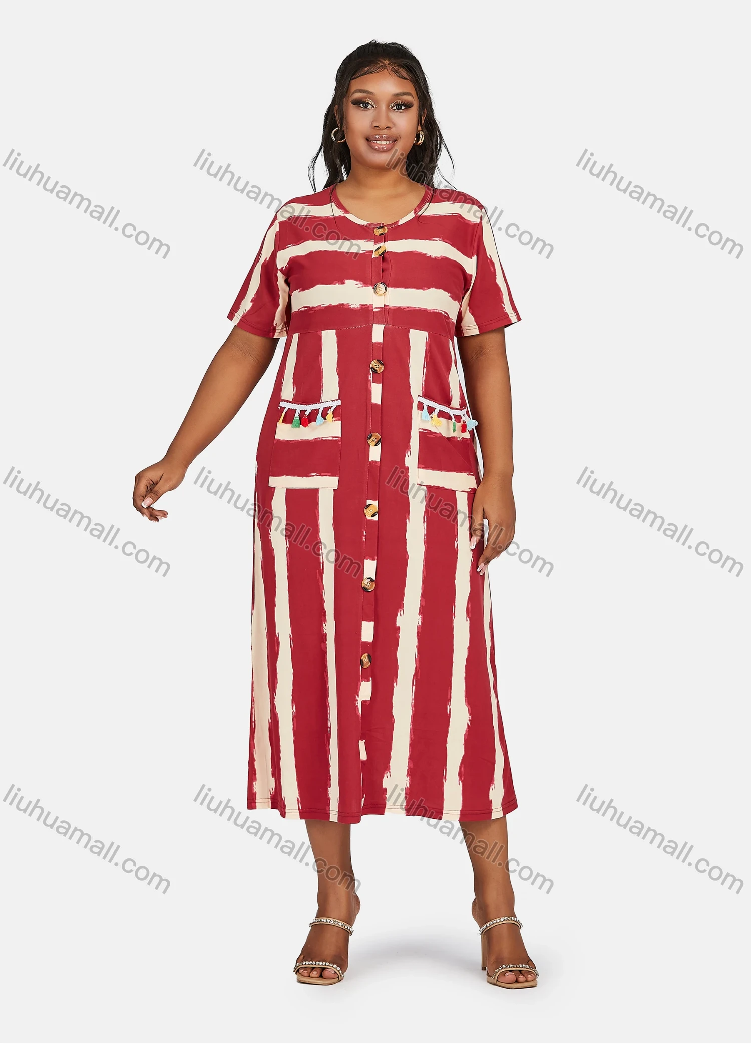 Wholesale Women's Casual Plus Size Short Sleeve Striped Tassel Trim Double Pockets Midi Dress - Liuhuamall