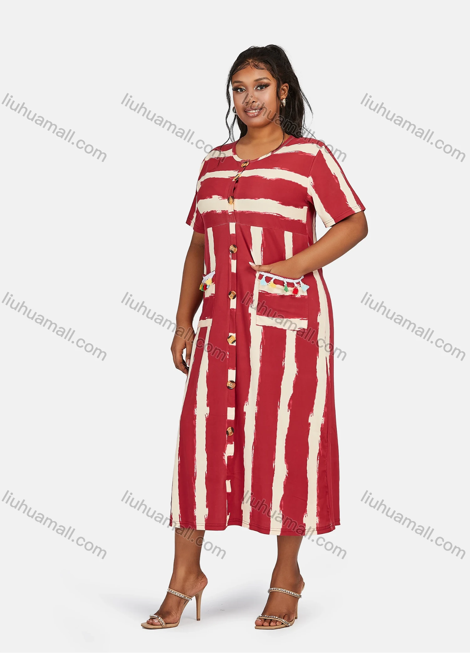 Wholesale Women's Casual Plus Size Short Sleeve Striped Tassel Trim Double Pockets Midi Dress - Liuhuamall