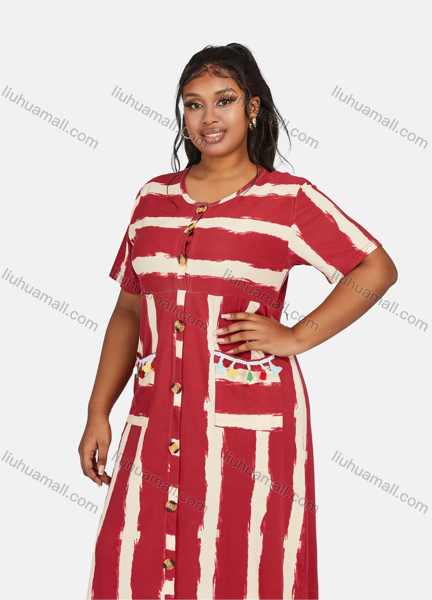 Wholesale Women's Casual Plus Size Short Sleeve Striped Tassel Trim Double Pockets Midi Dress - Liuhuamall