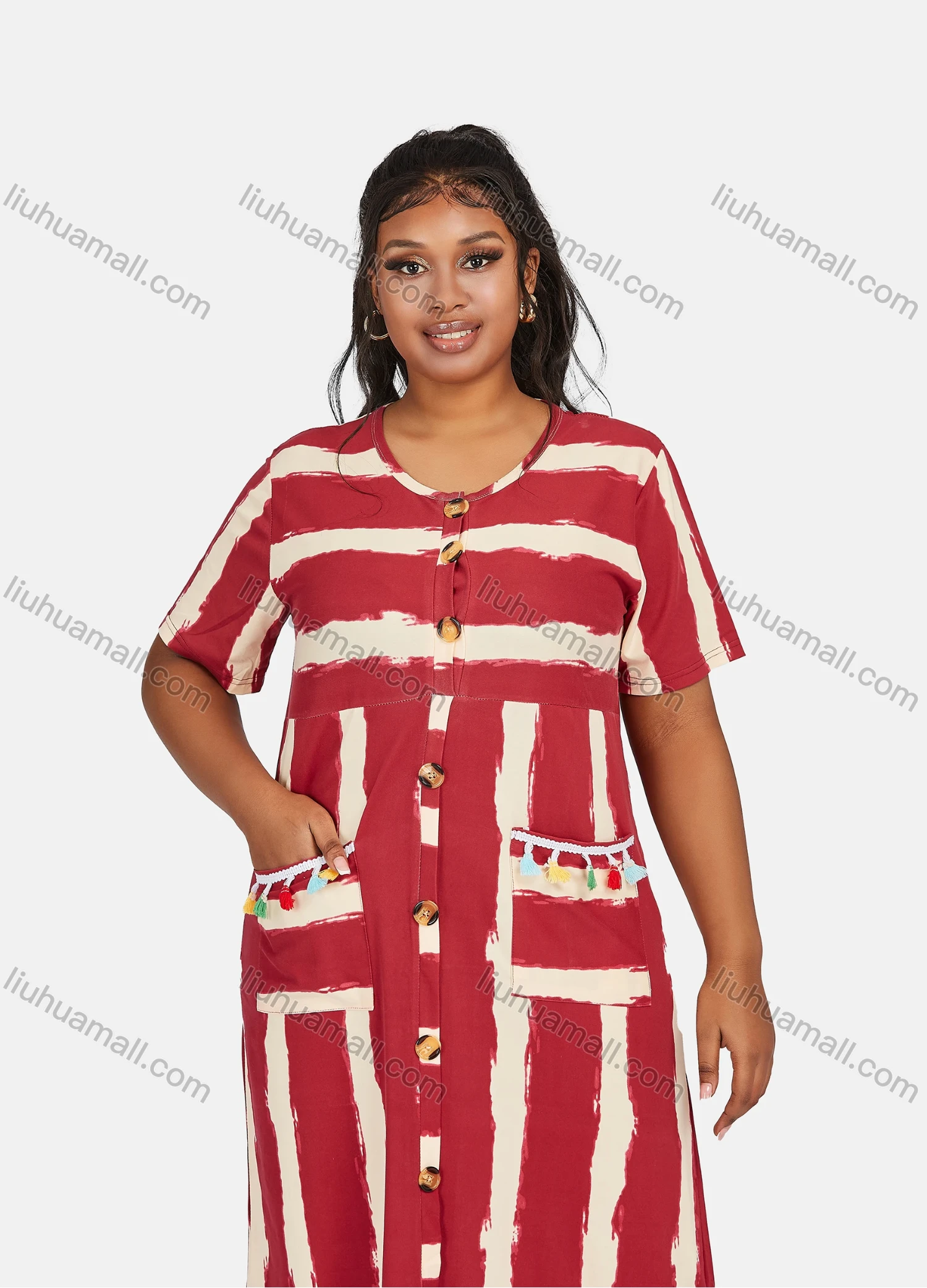 Wholesale Women's Casual Plus Size Short Sleeve Striped Tassel Trim Double Pockets Midi Dress - Liuhuamall