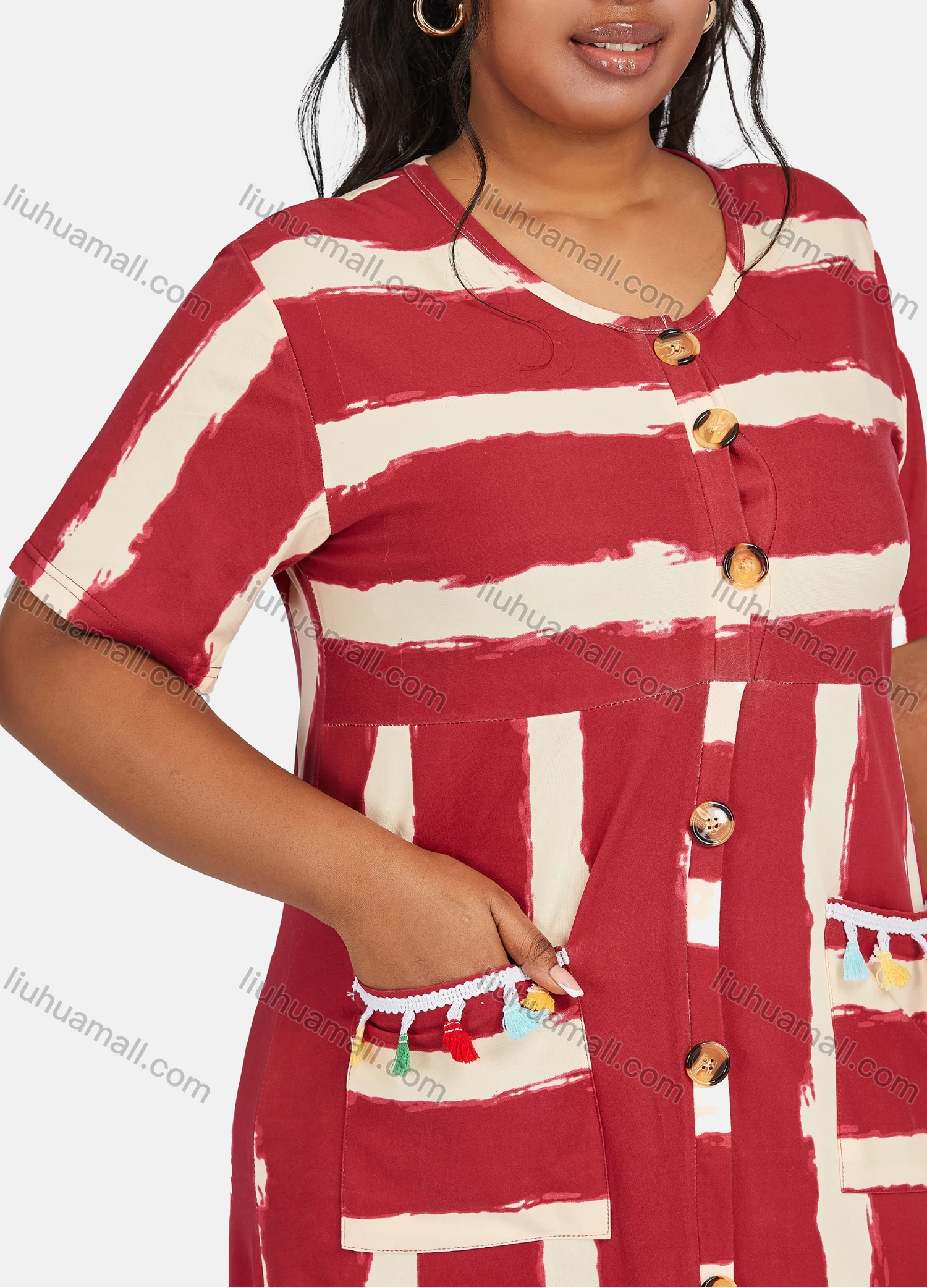 Wholesale Women's Casual Plus Size Short Sleeve Striped Tassel Trim Double Pockets Midi Dress - Liuhuamall