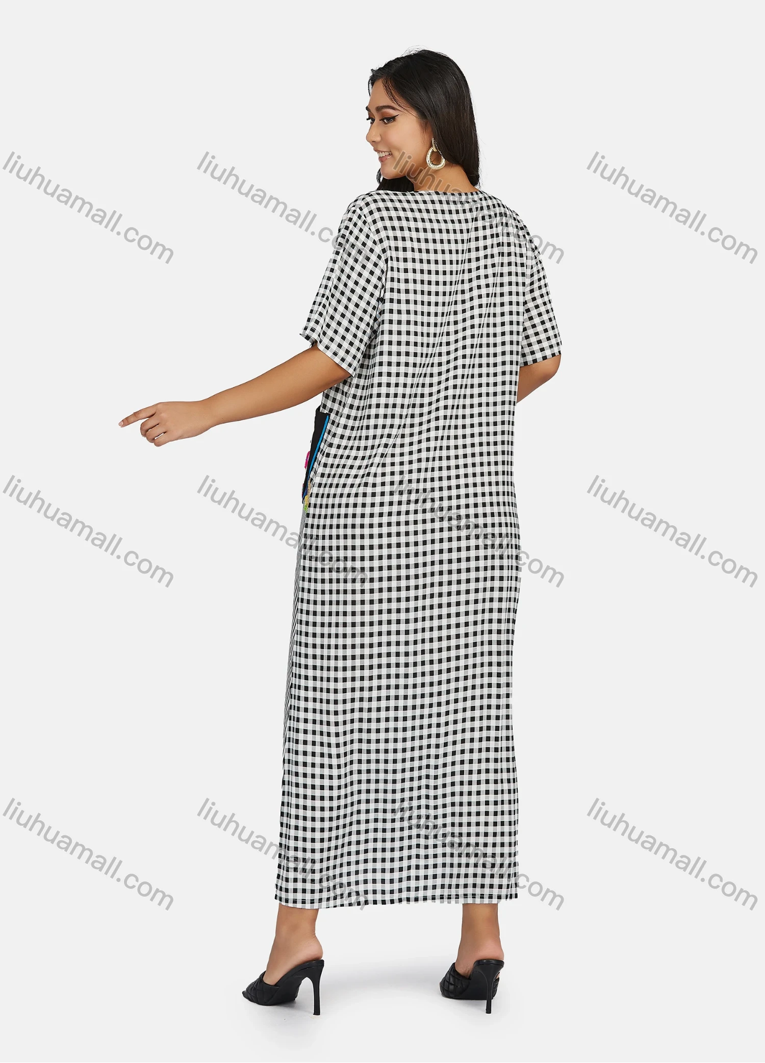 Wholesale Women's Plus Size Short Sleeve Square Neck Striped Gingham Splicing Maxi Dress - Liuhuamall