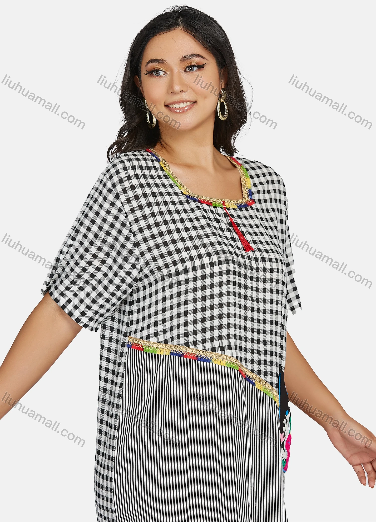 Wholesale Women's Plus Size Short Sleeve Square Neck Striped Gingham Splicing Maxi Dress - Liuhuamall