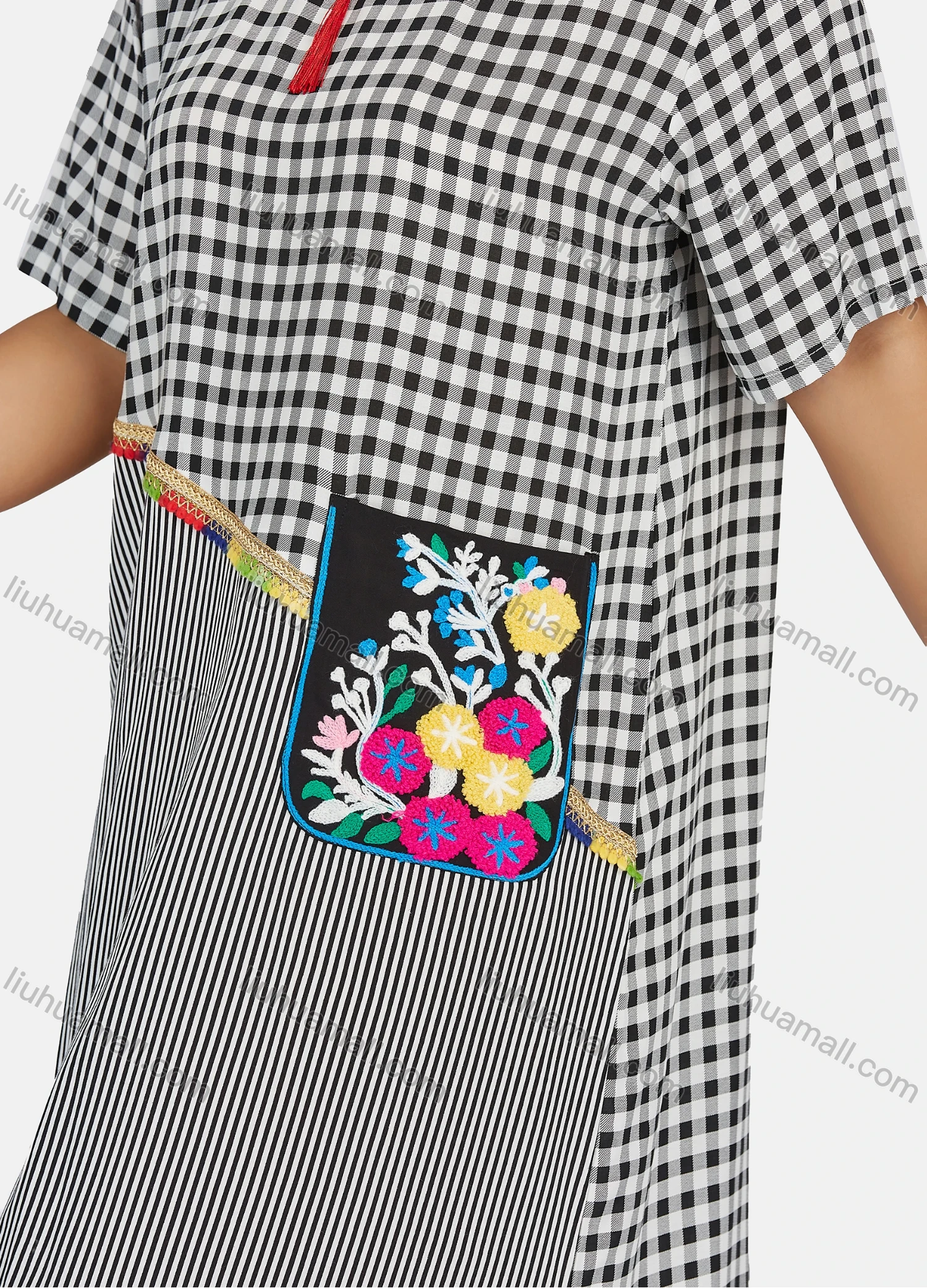 Wholesale Women's Plus Size Short Sleeve Square Neck Striped Gingham Splicing Maxi Dress - Liuhuamall