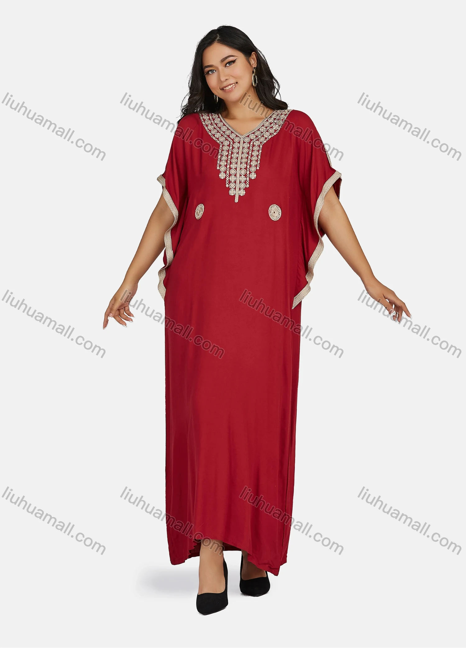 Wholesale Women's African Batwing Sleeve Plain V Neck Embroidery Maxi Kaftan Dress - Liuhuamall