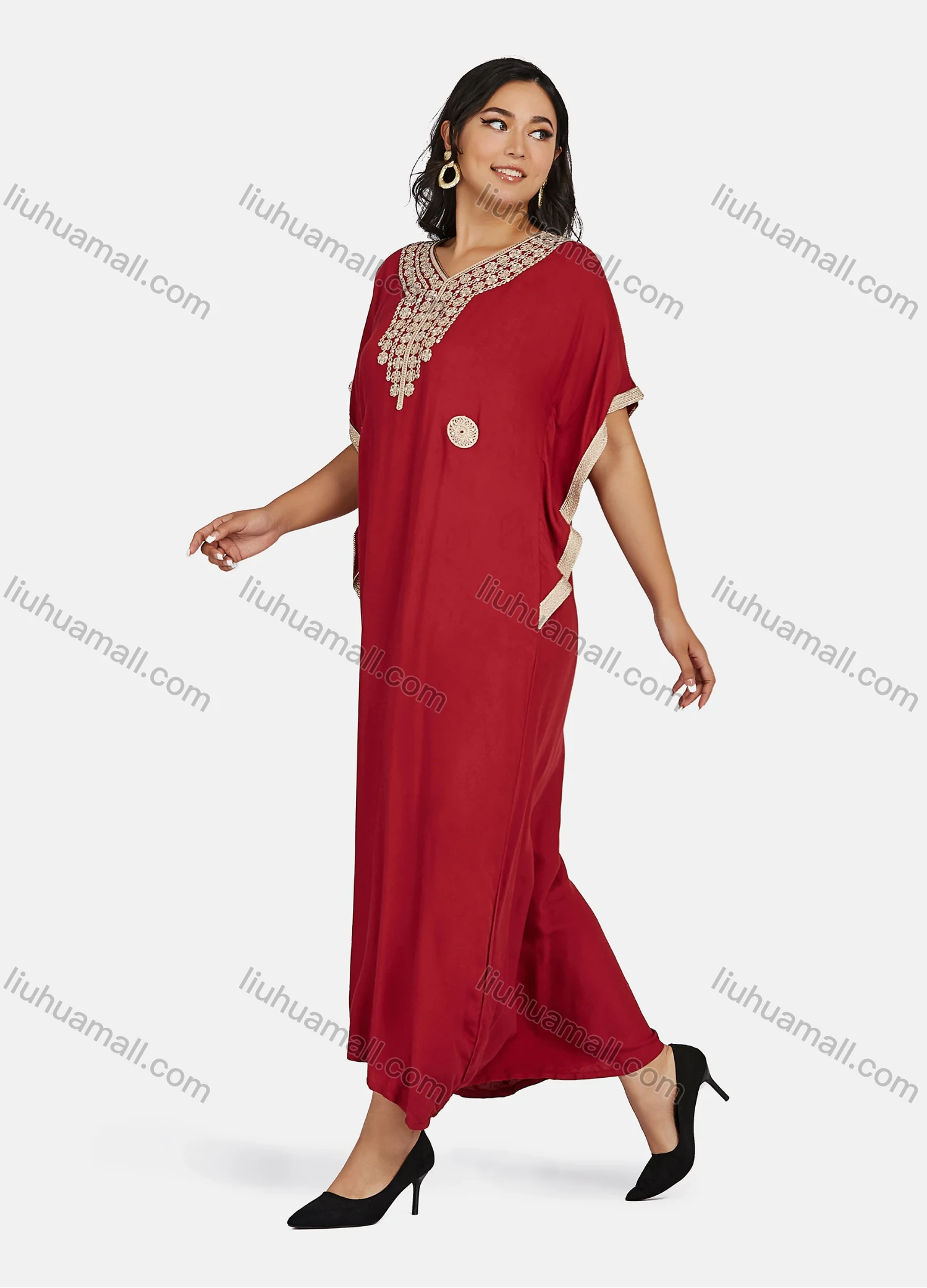 Wholesale Women's African Batwing Sleeve Plain V Neck Embroidery Maxi Kaftan Dress - Liuhuamall