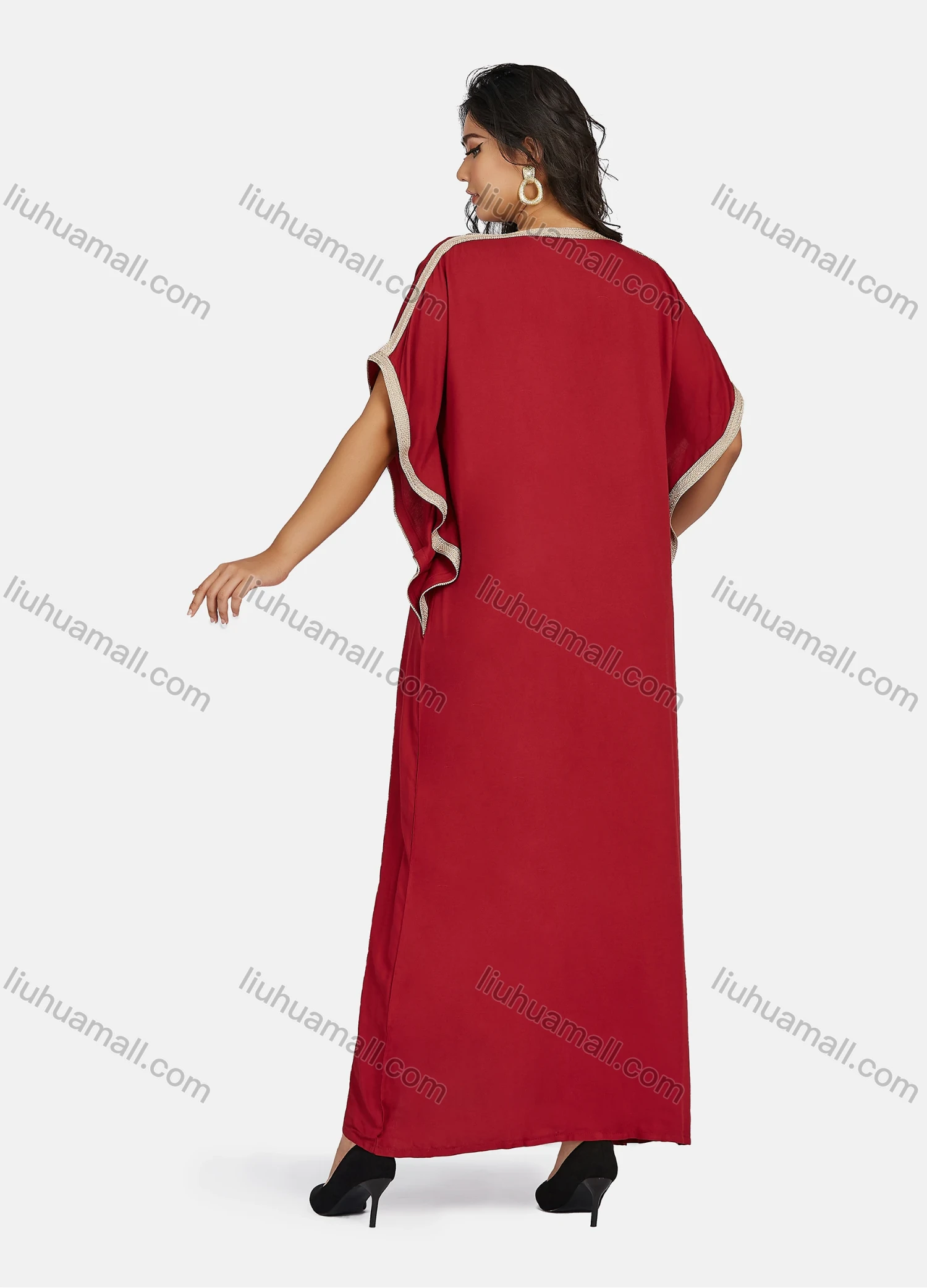 Wholesale Women's African Batwing Sleeve Plain V Neck Embroidery Maxi Kaftan Dress - Liuhuamall