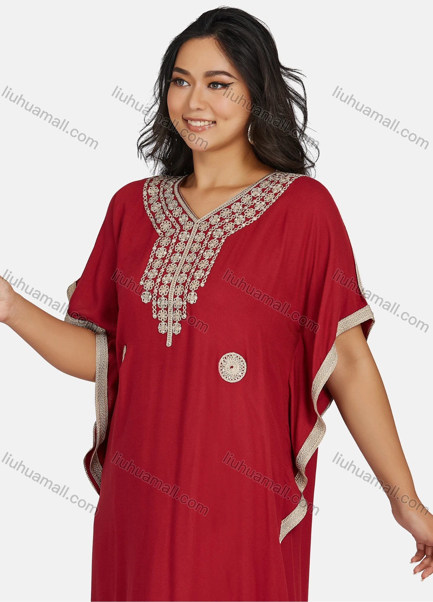 Wholesale Women's African Batwing Sleeve Plain V Neck Embroidery Maxi Kaftan Dress - Liuhuamall