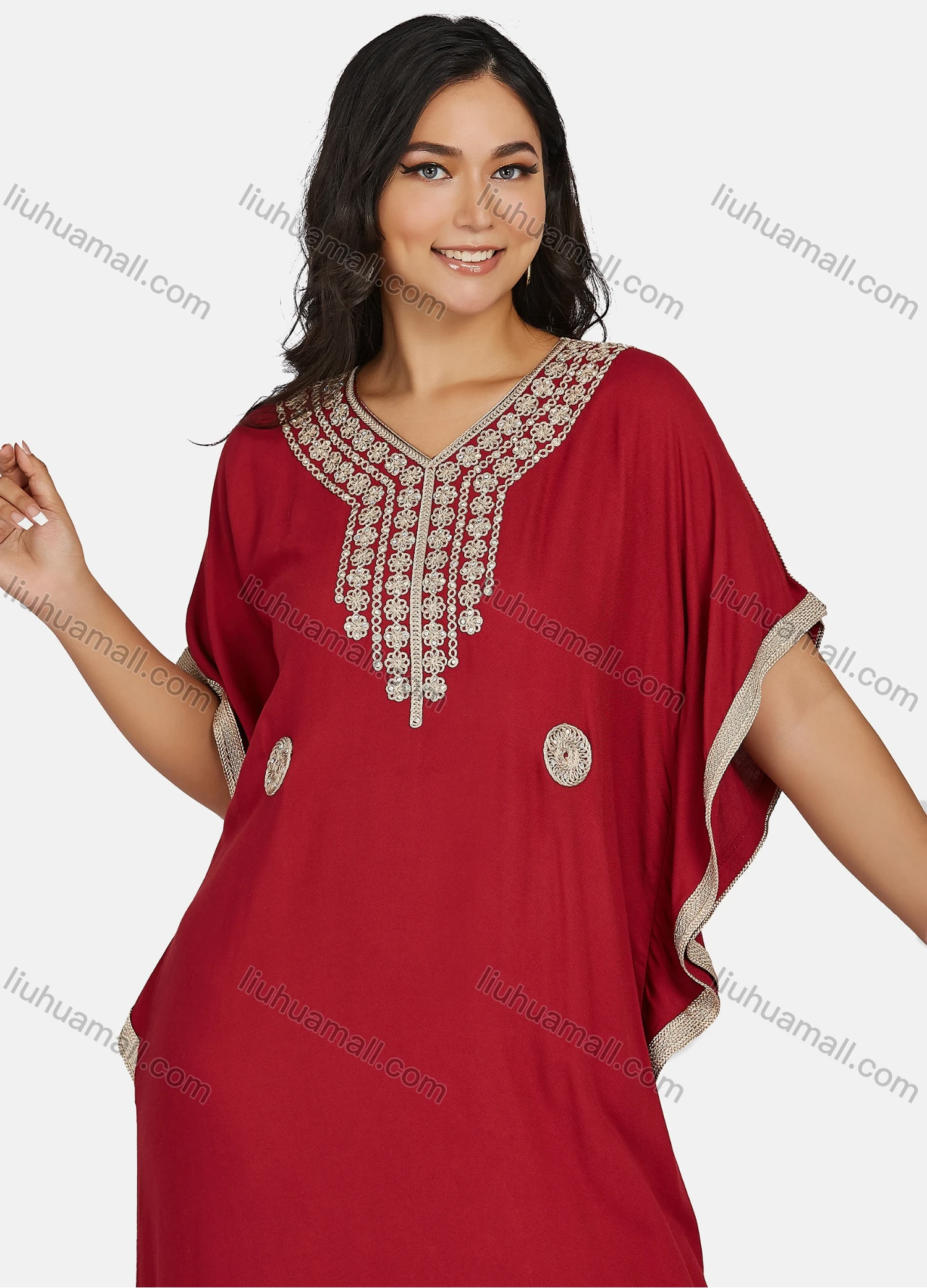 Wholesale Women's African Batwing Sleeve Plain V Neck Embroidery Maxi Kaftan Dress - Liuhuamall