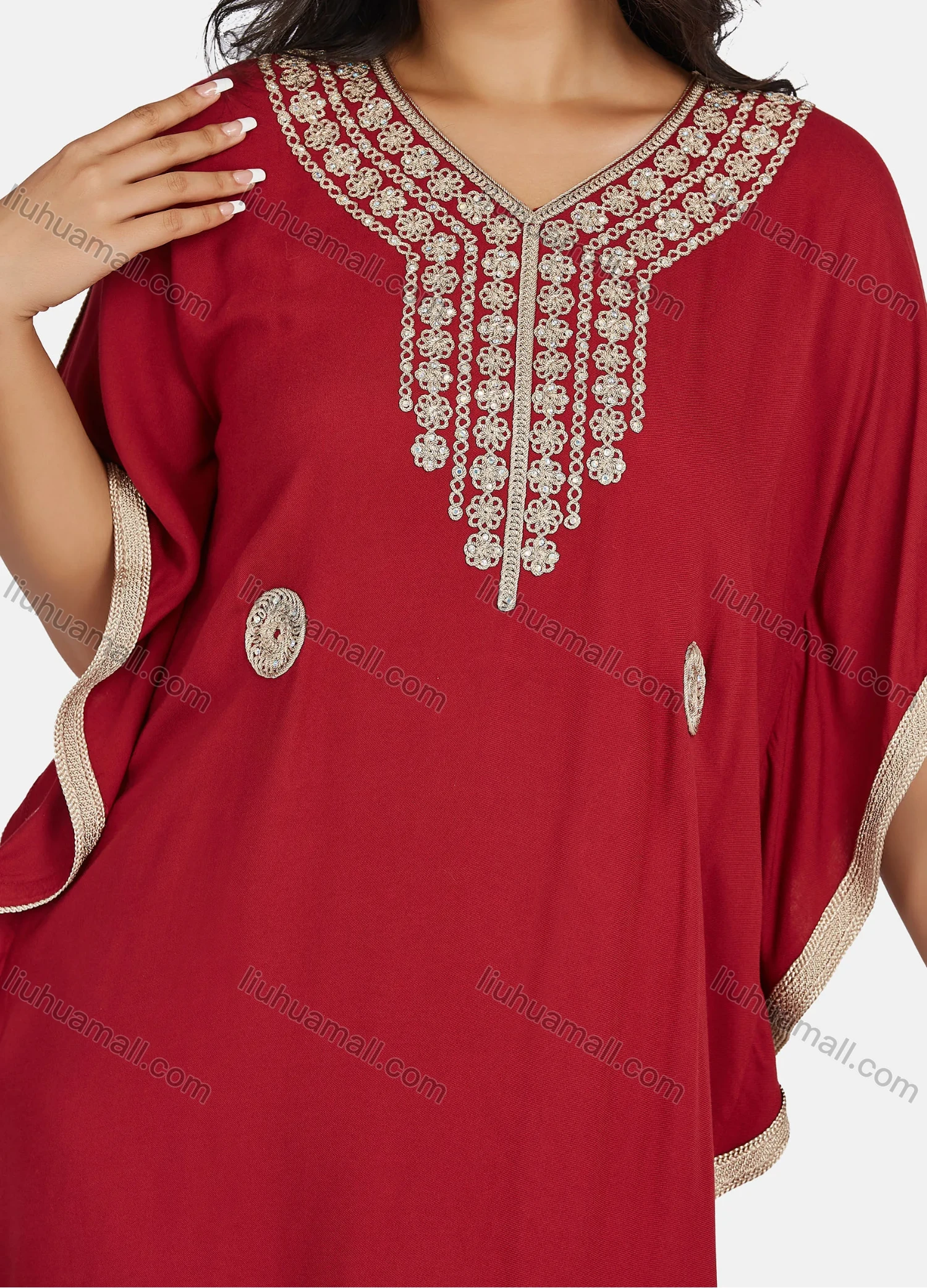 Wholesale Women's African Batwing Sleeve Plain V Neck Embroidery Maxi Kaftan Dress - Liuhuamall