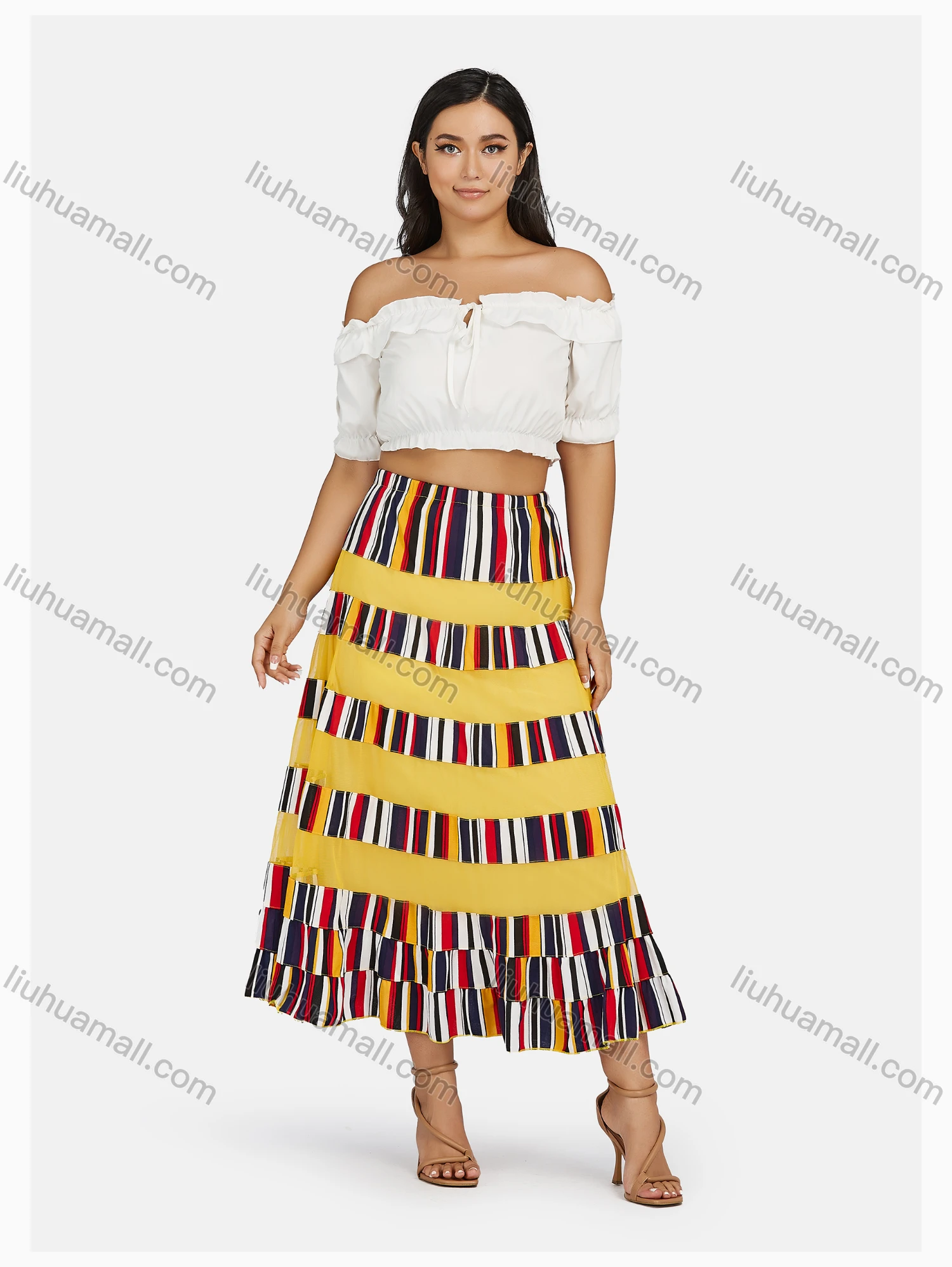 Wholesale Women's Fashion Elastic Waist Striped Pleated Maxi Skirt - Liuhuamall