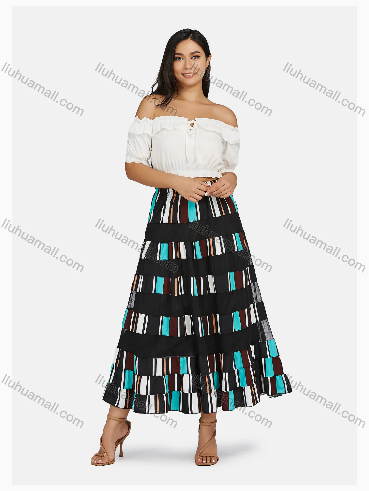 Wholesale Women's Fashion Elastic Waist Striped Pleated Maxi Skirt - Liuhuamall