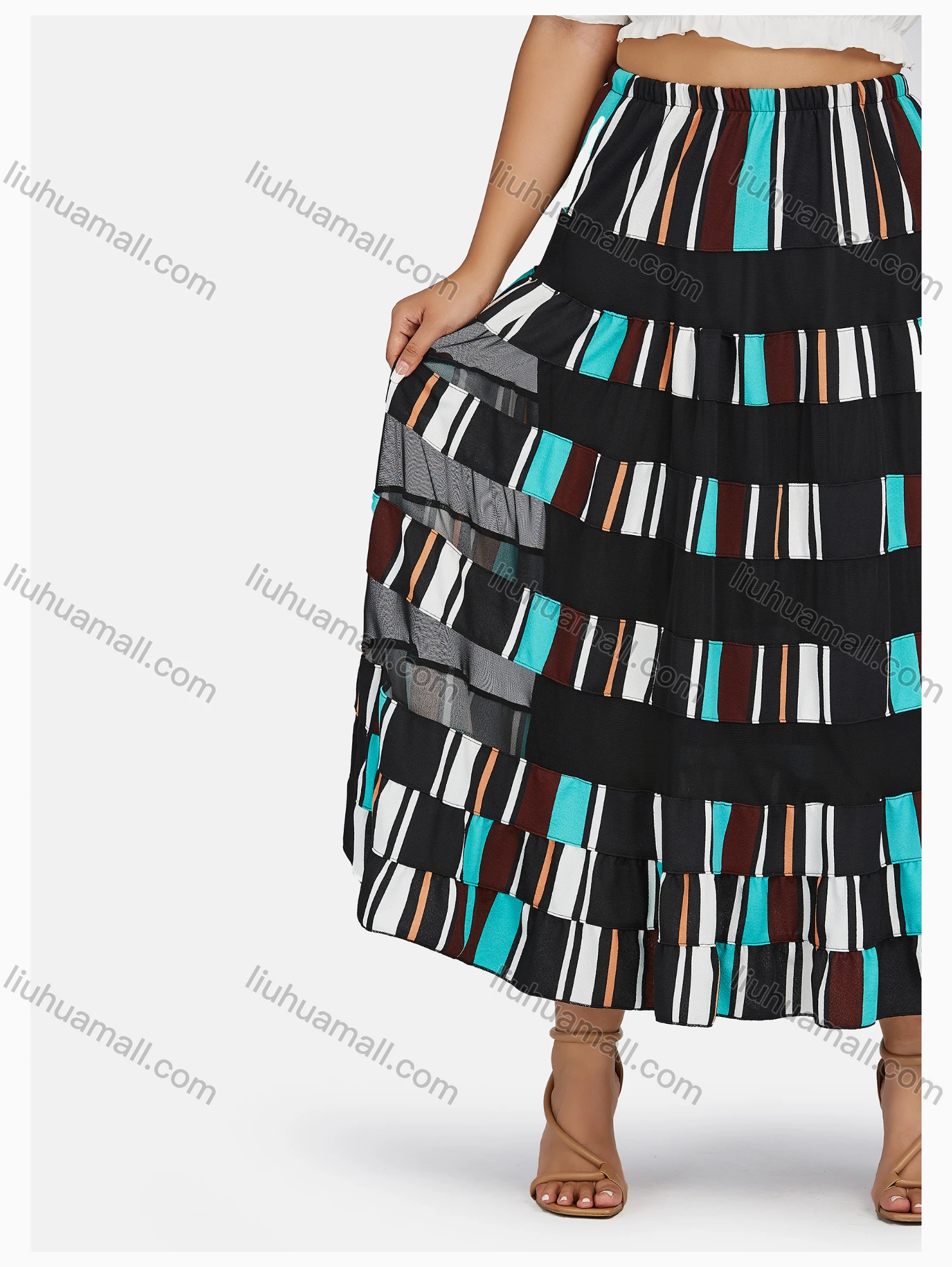 Wholesale Women's Fashion Elastic Waist Striped Pleated Maxi Skirt - Liuhuamall
