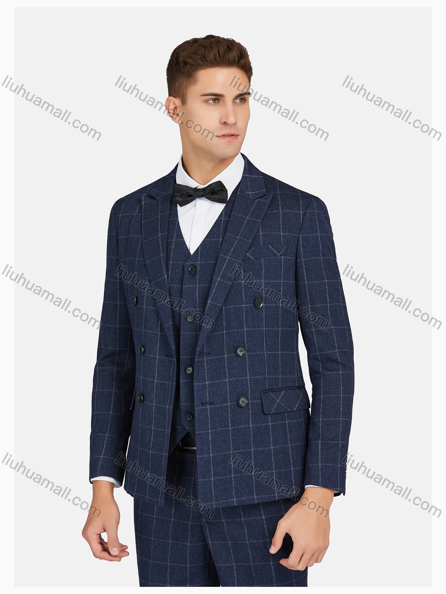 Wholesale Men's Formal Lapel Plaid Pockets Blazer & Vest & Pant 3 Pieces Suit Sets - Liuhuamall