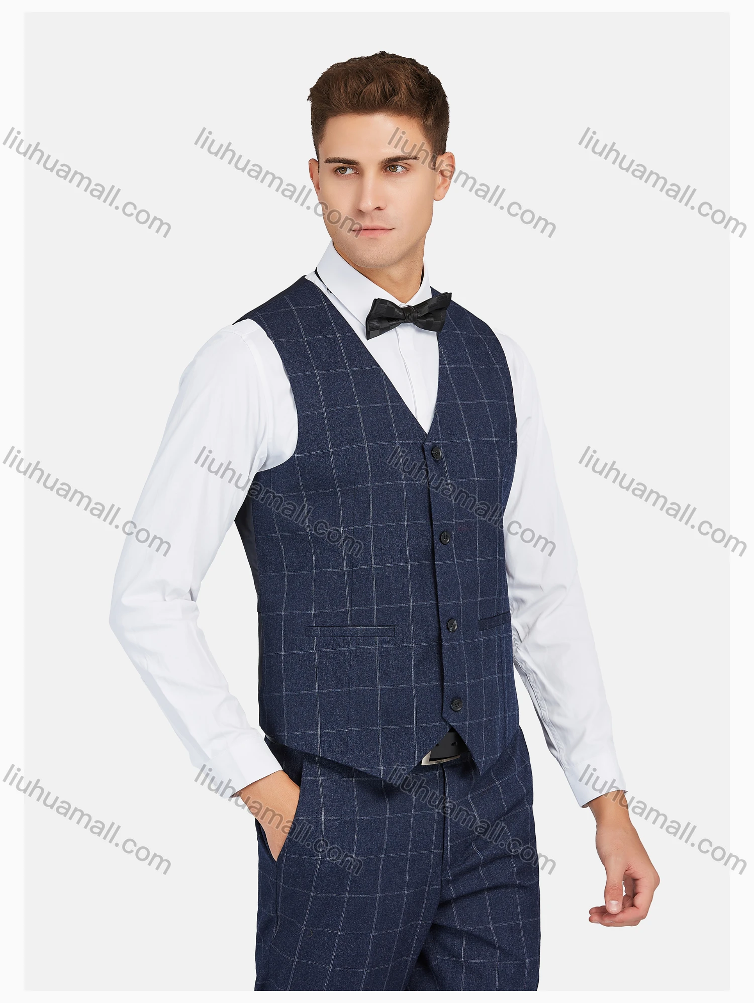 Wholesale Men's Formal Lapel Plaid Pockets Blazer & Vest & Pant 3 Pieces Suit Sets - Liuhuamall