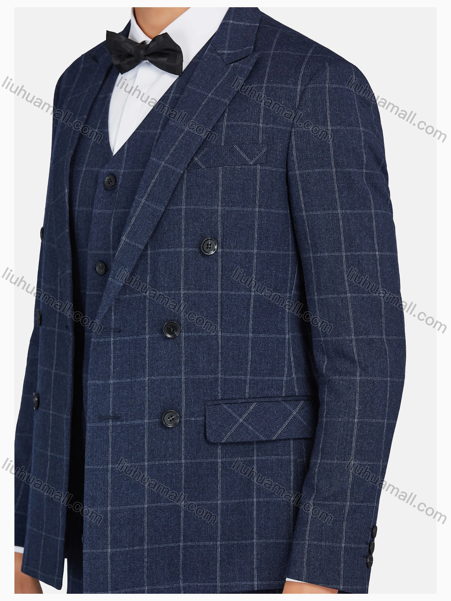 Wholesale Men's Formal Lapel Plaid Pockets Blazer & Vest & Pant 3 Pieces Suit Sets - Liuhuamall