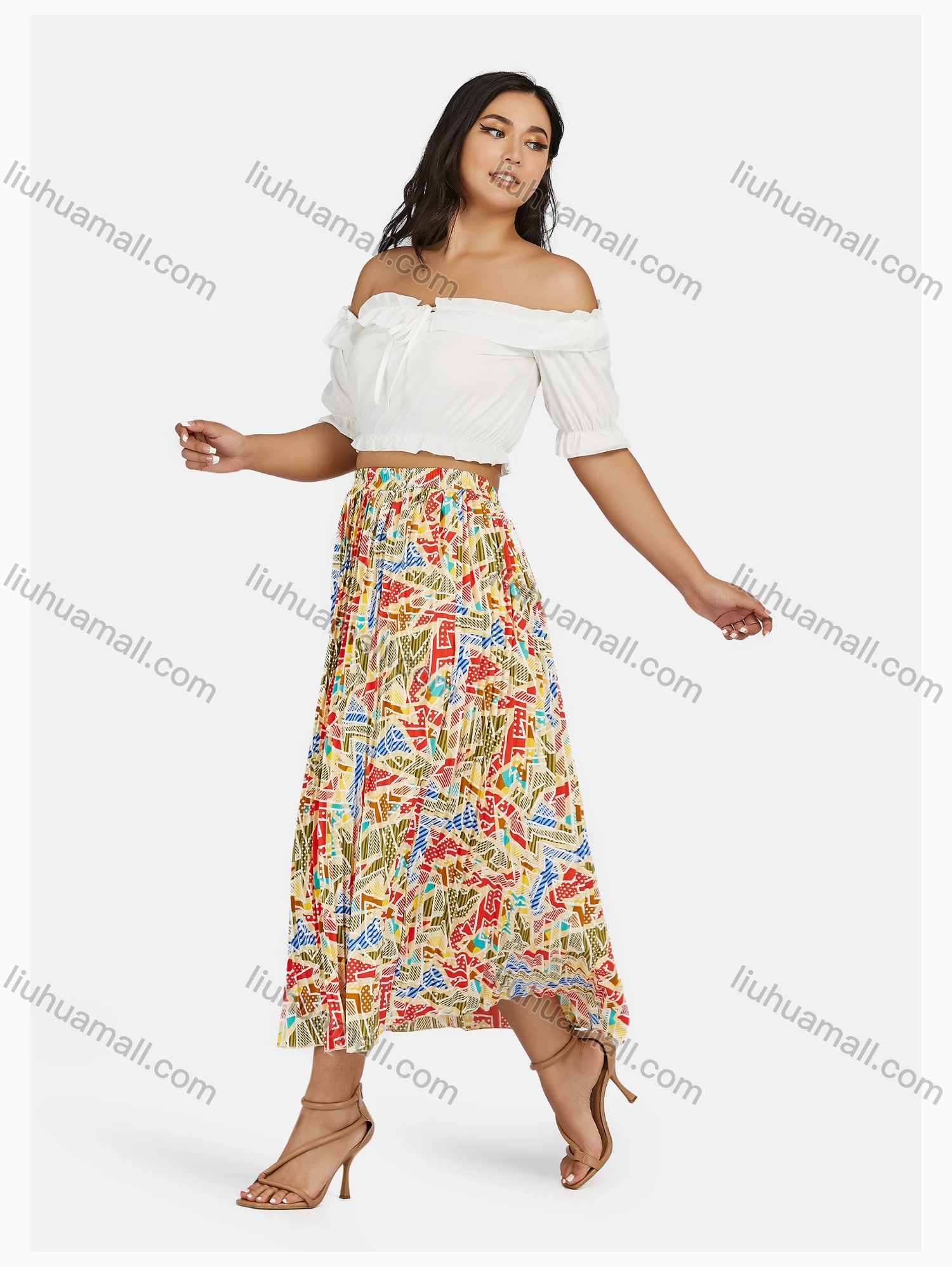 Wholesale Women's Boho Elastic Waist Folkloric Print Pleated Maxi Skirt - Liuhuamall