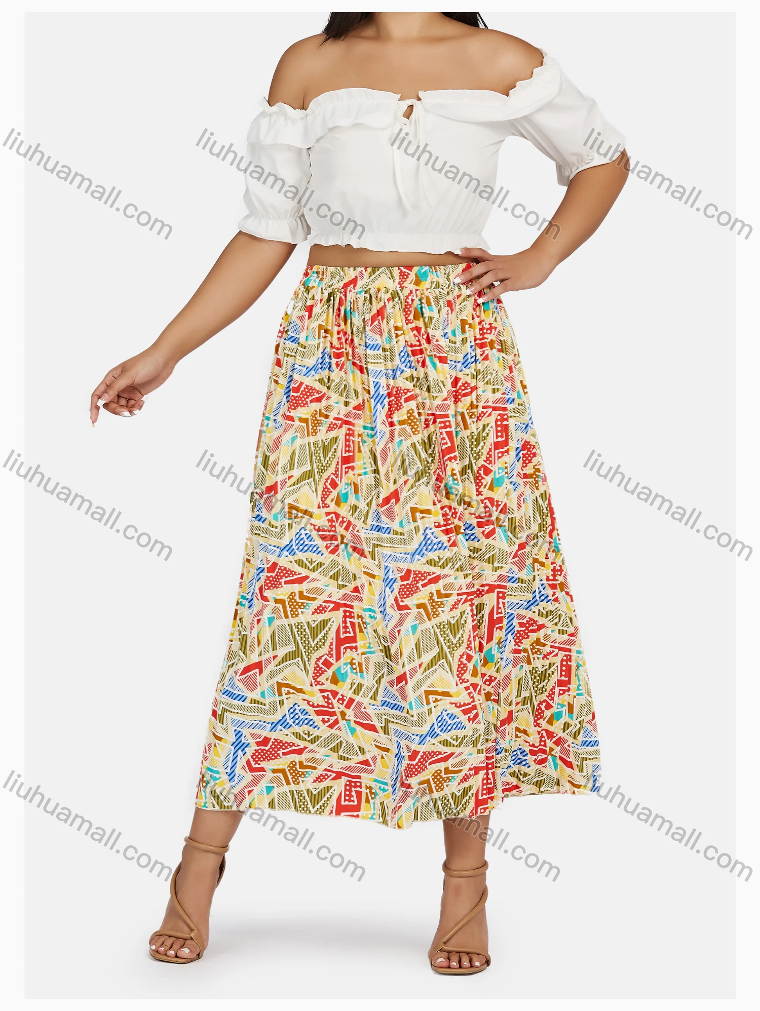 Wholesale Women's Boho Elastic Waist Folkloric Print Pleated Maxi Skirt - Liuhuamall