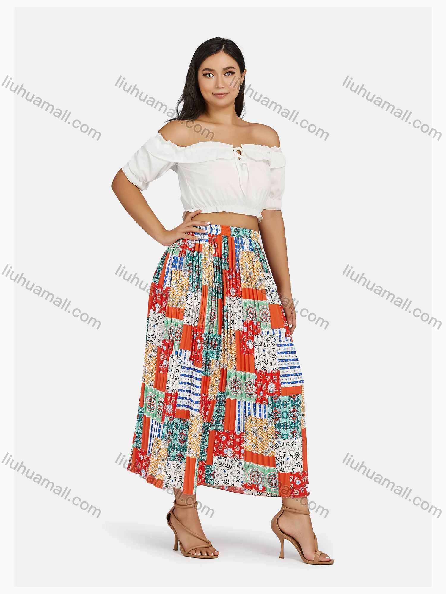 Wholesale Women's Boho Elastic Waist Folkloric Print Pleated Maxi Skirt - Liuhuamall