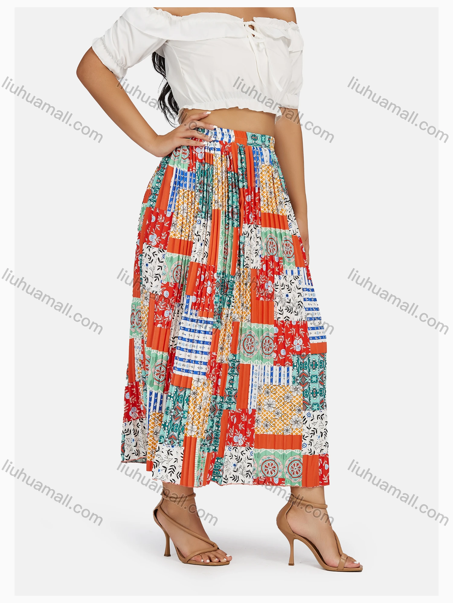 Wholesale Women's Boho Elastic Waist Folkloric Print Pleated Maxi Skirt - Liuhuamall