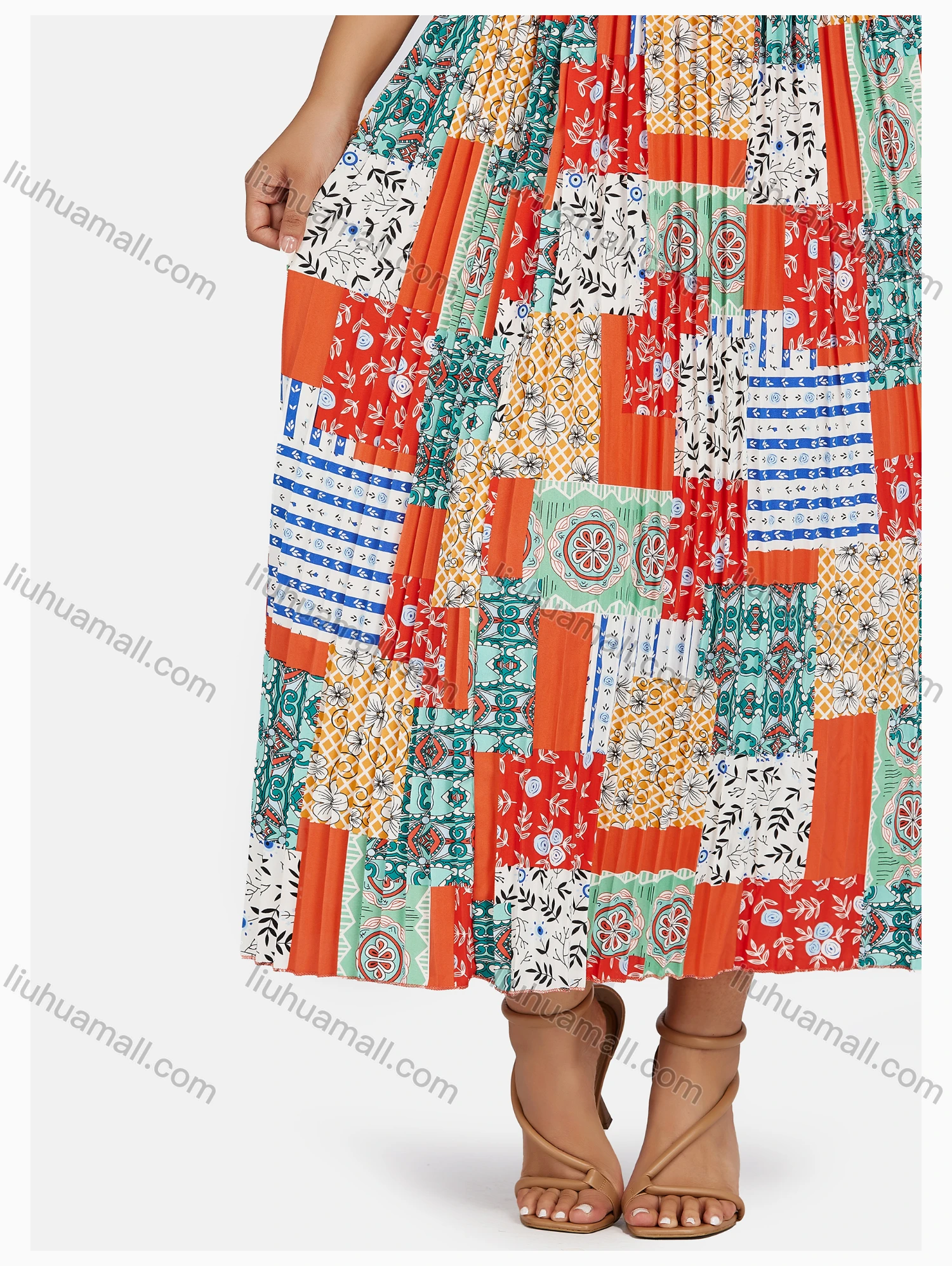 Wholesale Women's Boho Elastic Waist Folkloric Print Pleated Maxi Skirt - Liuhuamall