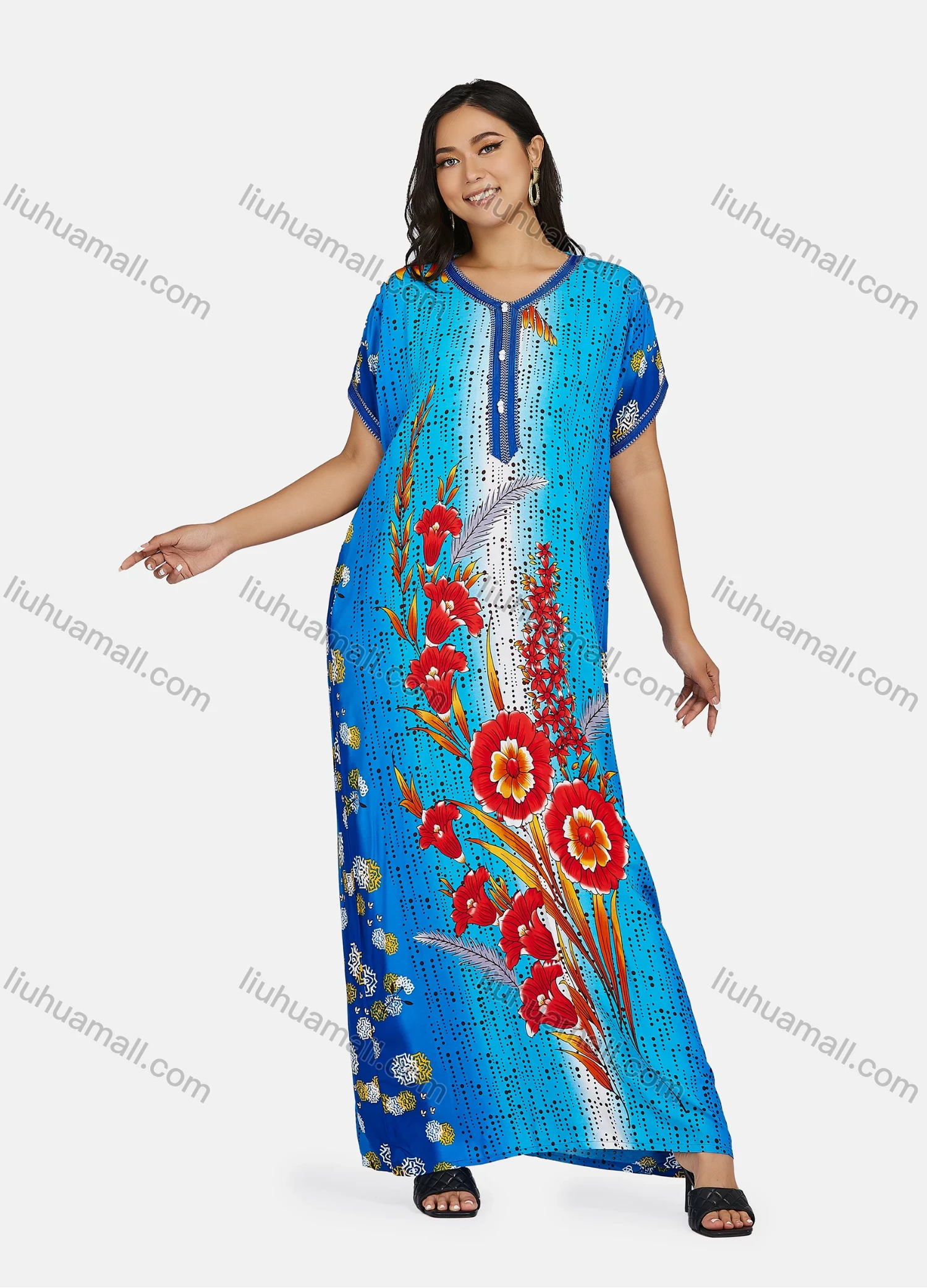 Wholesale Women's African Short Sleeve V Neck Gradient Pom Pom Floral Print Maxi Dress - Liuhuamall