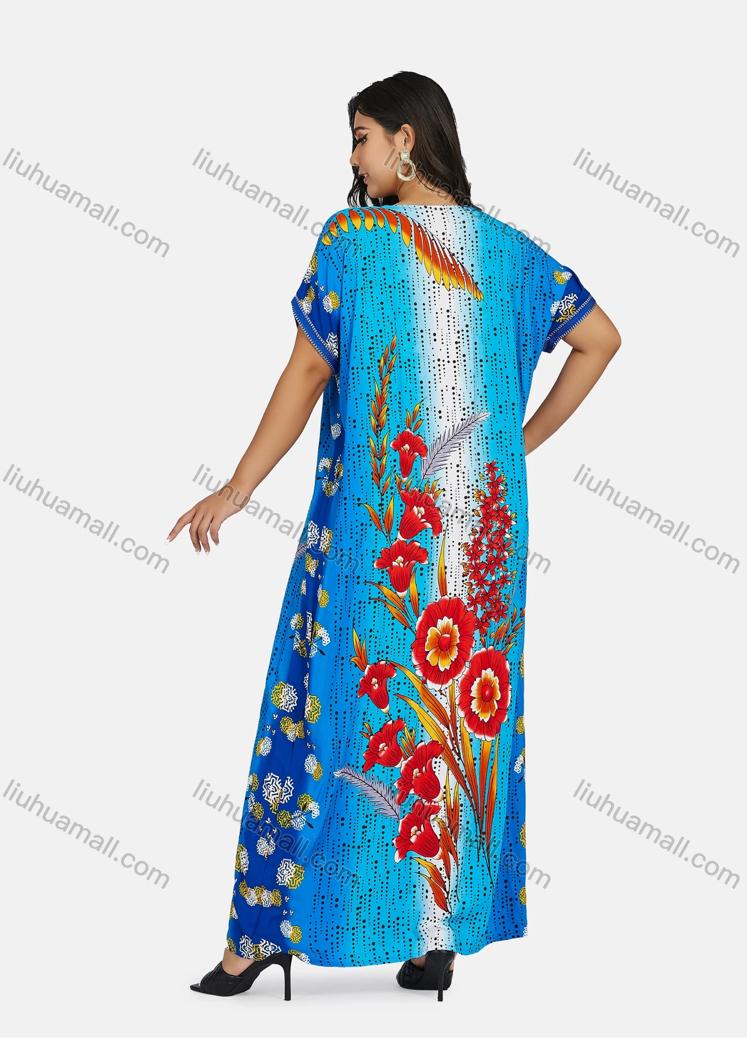 Wholesale Women's African Short Sleeve V Neck Gradient Pom Pom Floral Print Maxi Dress - Liuhuamall