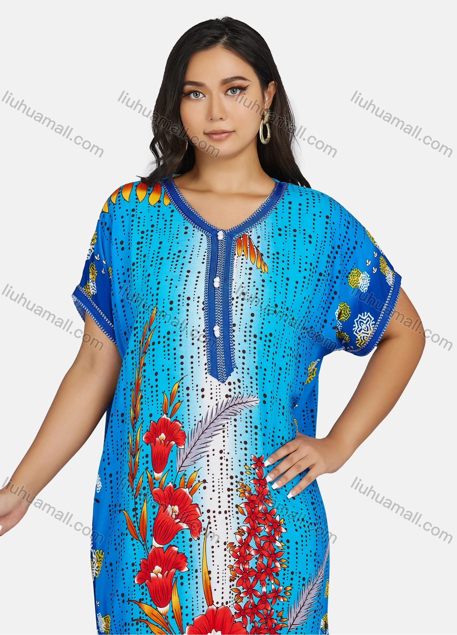 Wholesale Women's African Short Sleeve V Neck Gradient Pom Pom Floral Print Maxi Dress - Liuhuamall