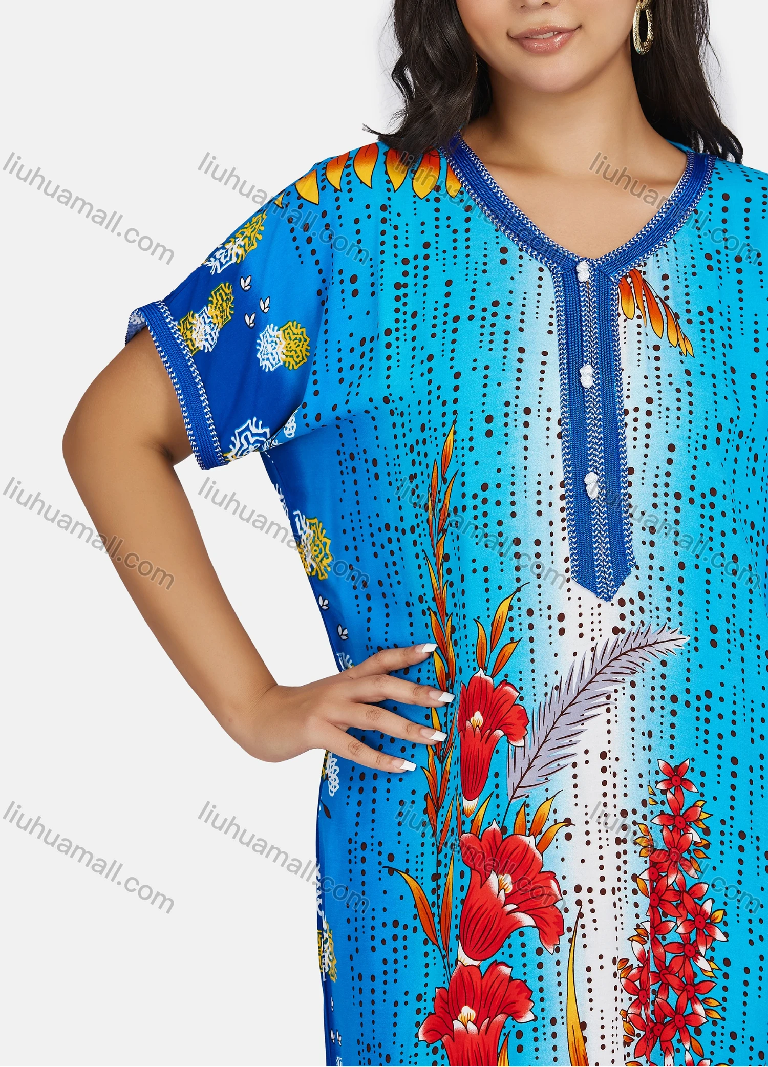 Wholesale Women's African Short Sleeve V Neck Gradient Pom Pom Floral Print Maxi Dress - Liuhuamall