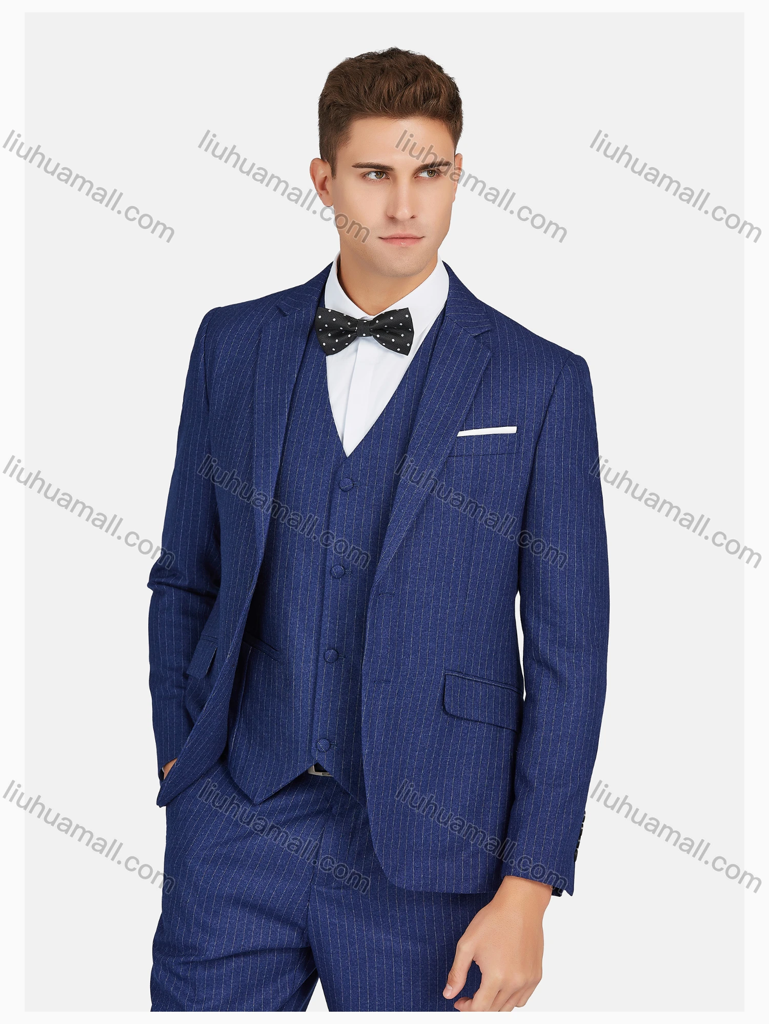 Wholesale Men's Formal Lapel Striped Pockets Blazer & Vest & Pant 3 Pieces Suit Sets - Liuhuamall