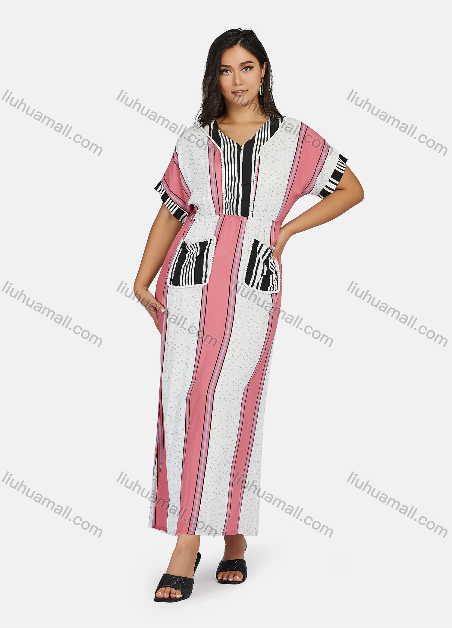 Wholesale Women's Plus Size Short Sleeve V Neck Striped Colorblock Maxi Dress - Liuhuamall