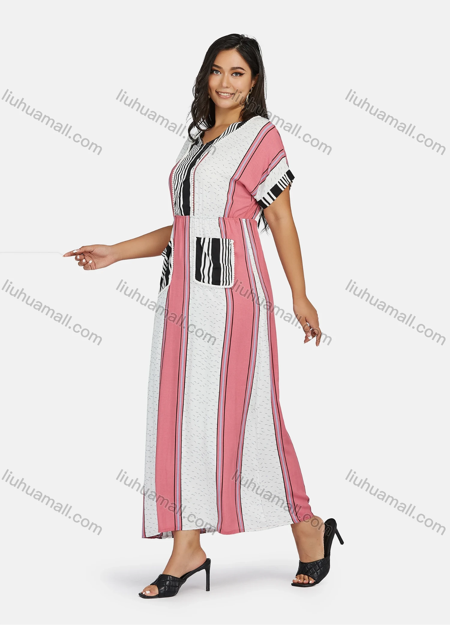 Wholesale Women's Plus Size Short Sleeve V Neck Striped Colorblock Maxi Dress - Liuhuamall