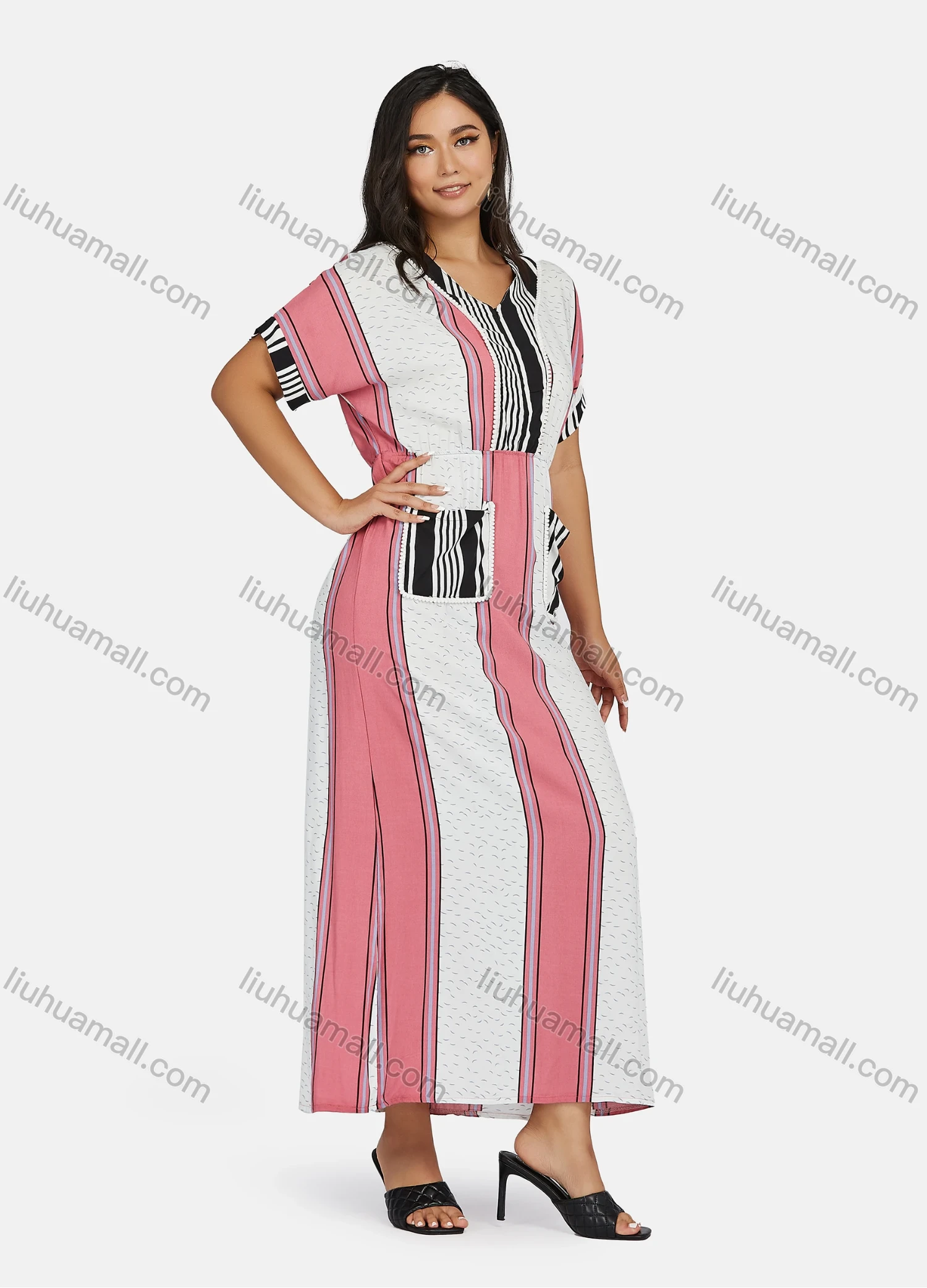 Wholesale Women's Plus Size Short Sleeve V Neck Striped Colorblock Maxi Dress - Liuhuamall