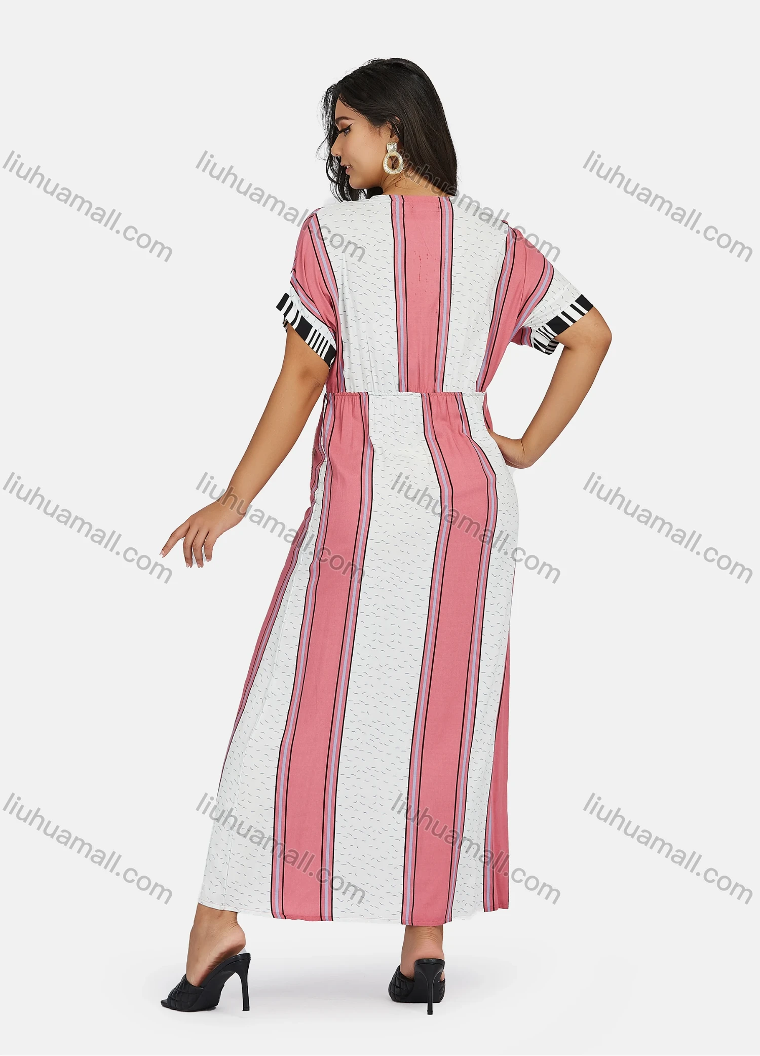 Wholesale Women's Plus Size Short Sleeve V Neck Striped Colorblock Maxi Dress - Liuhuamall