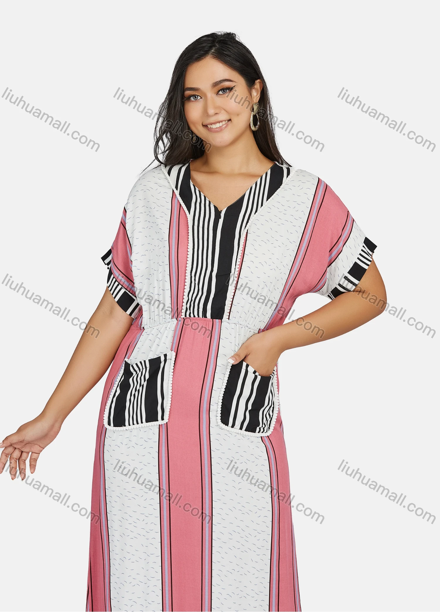 Wholesale Women's Plus Size Short Sleeve V Neck Striped Colorblock Maxi Dress - Liuhuamall