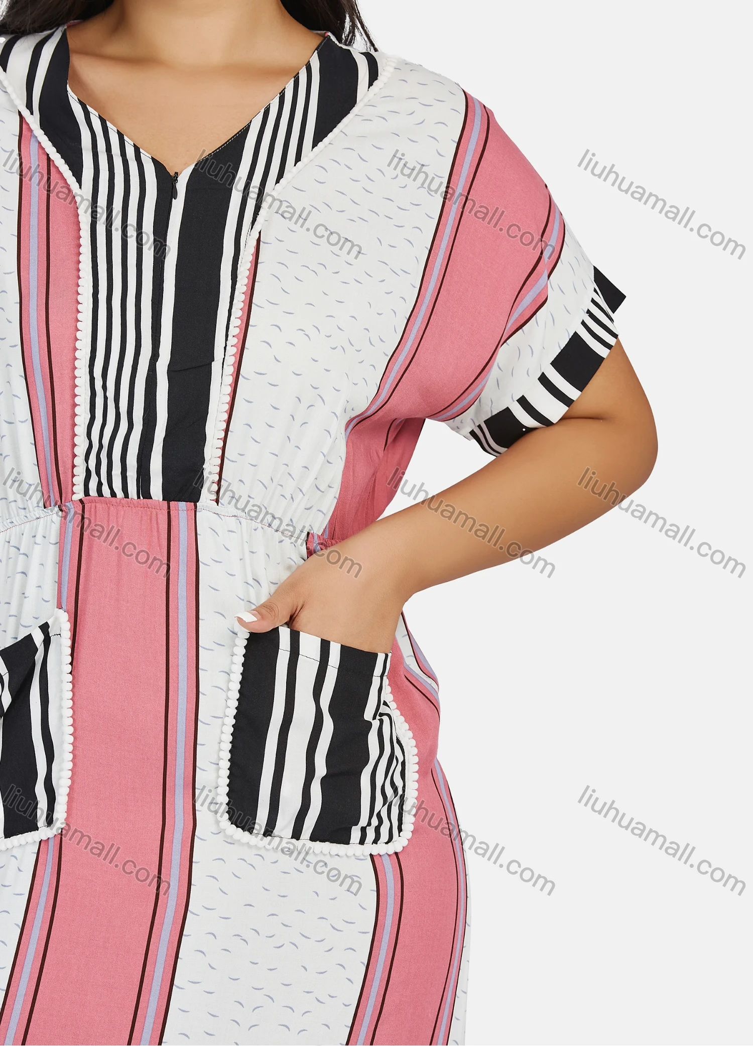 Wholesale Women's Plus Size Short Sleeve V Neck Striped Colorblock Maxi Dress - Liuhuamall